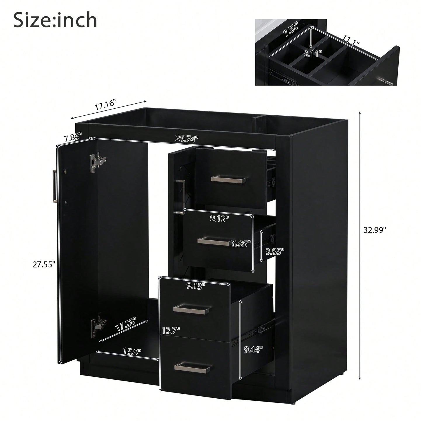 30 Inch Solid Wood Bathroom Vanity Cabinet Freestanding Storage Unit With 3 Drawers And Soft Closing Doors