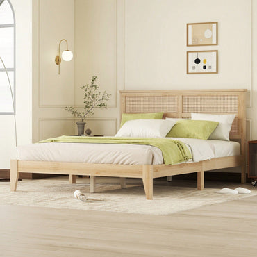 Queen Size Solid Wood Bed With Rattan Headboard And Support Feet In Oak White Finish