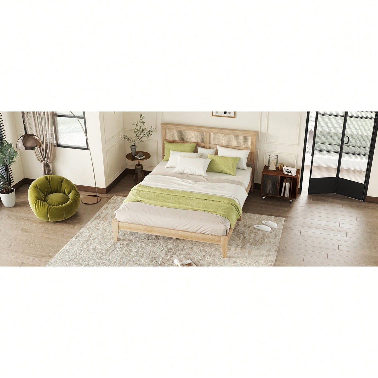 Queen Size Solid Wood Bed With Rattan Headboard And Support Feet In Oak White Finish