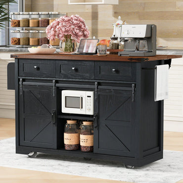 Farmhouse Style Kitchen Island With Power Outlet And Sliding Barn Doors, Rolling Cart With Drop Leaf And Spice Rack, Perfect For Home And Dining Room, Black Finish
