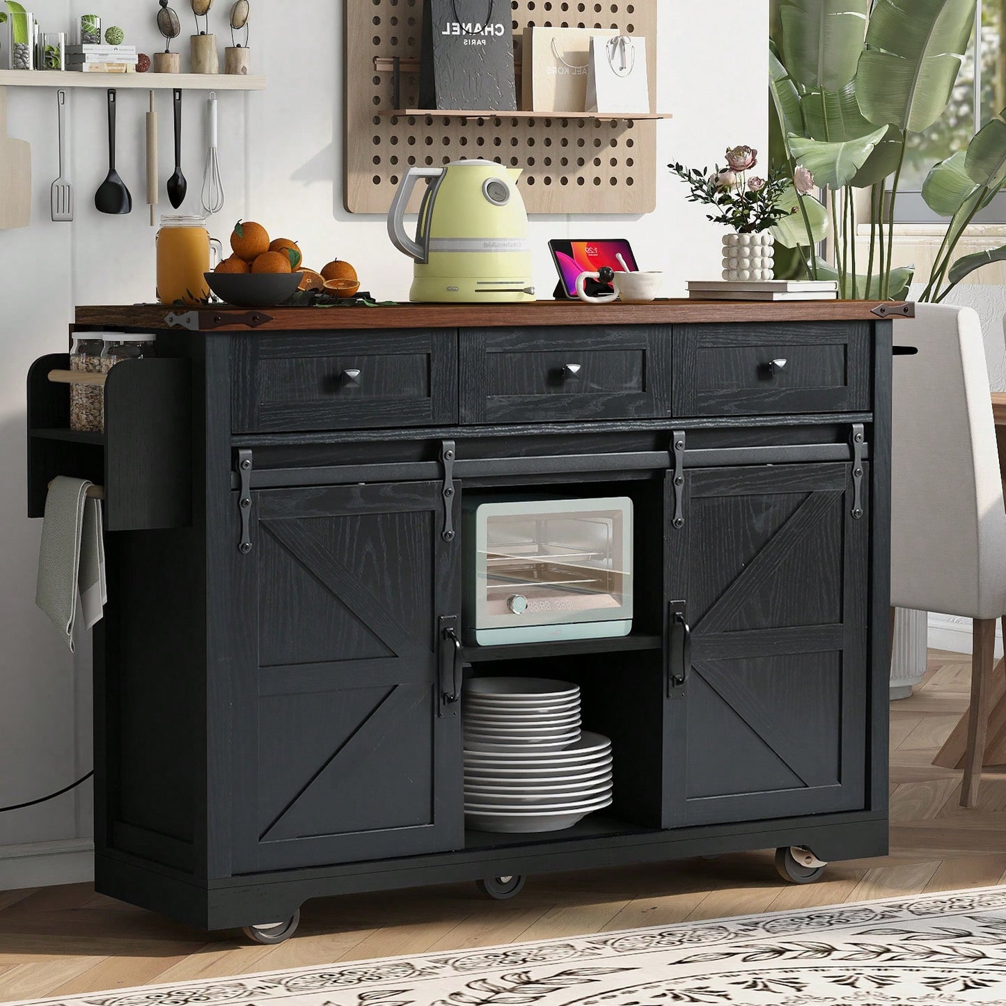Farmhouse Style Kitchen Island With Power Outlet And Sliding Barn Doors, Rolling Cart With Drop Leaf And Spice Rack, Perfect For Home And Dining Room, Black Finish