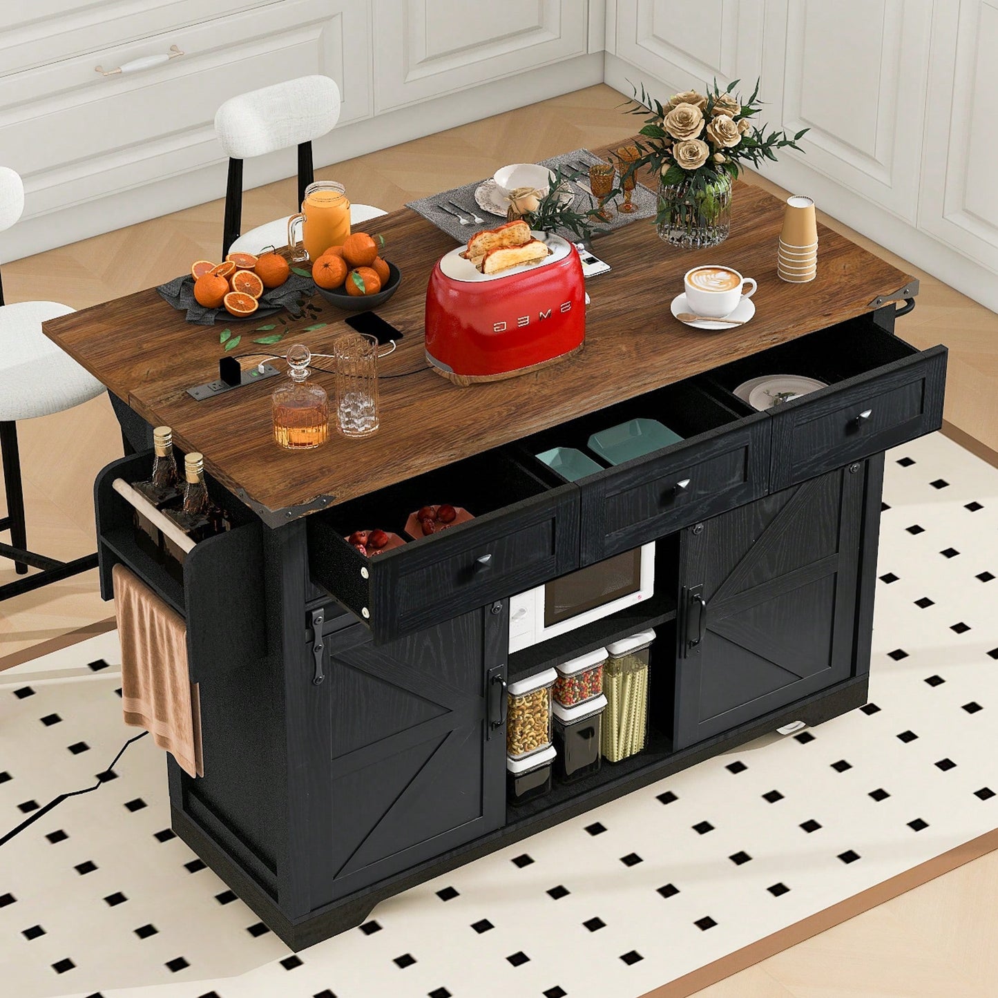 Farmhouse Style Kitchen Island With Power Outlet And Sliding Barn Doors, Rolling Cart With Drop Leaf And Spice Rack, Perfect For Home And Dining Room, Black Finish