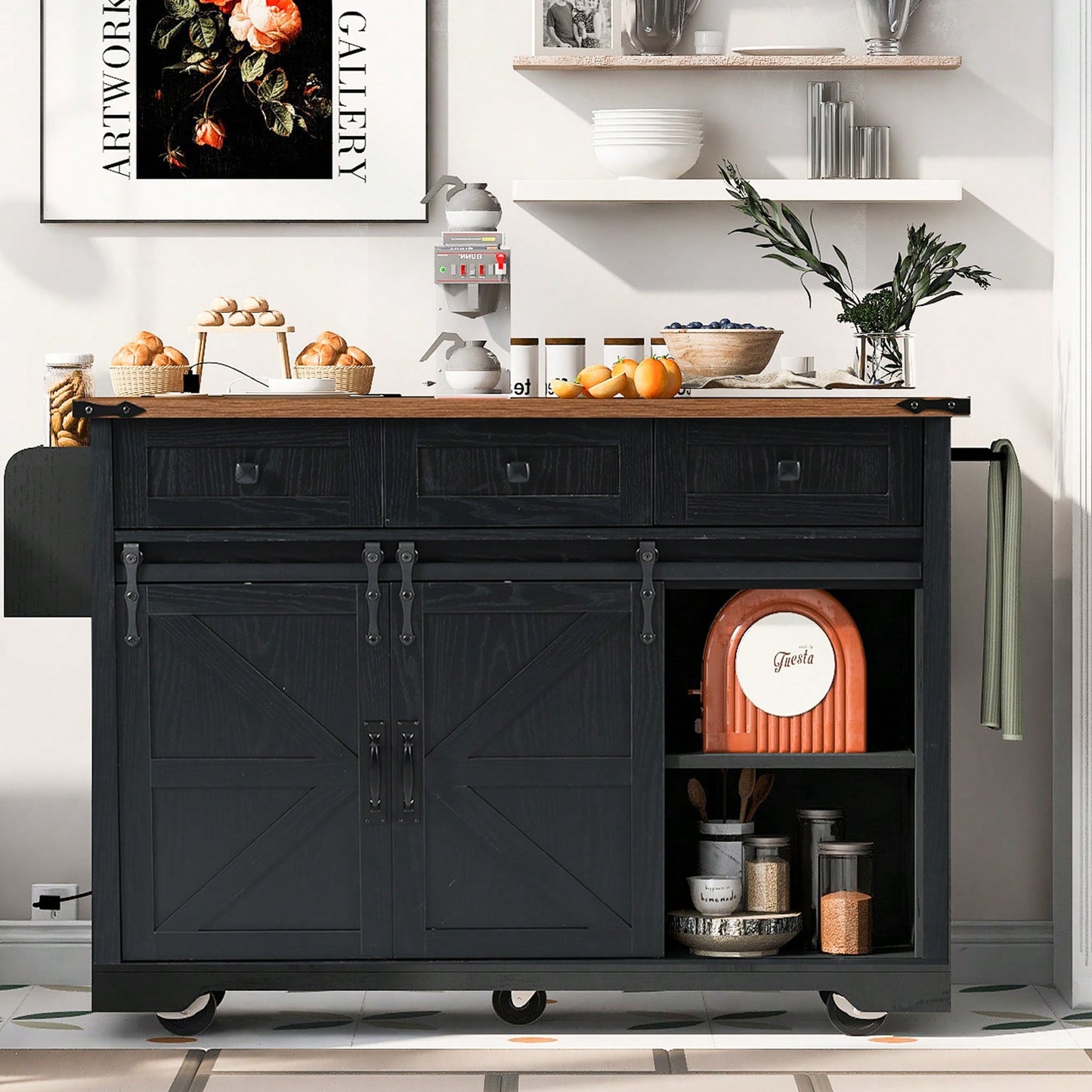 Farmhouse Style Kitchen Island With Power Outlet And Sliding Barn Doors, Rolling Cart With Drop Leaf And Spice Rack, Perfect For Home And Dining Room, Black Finish