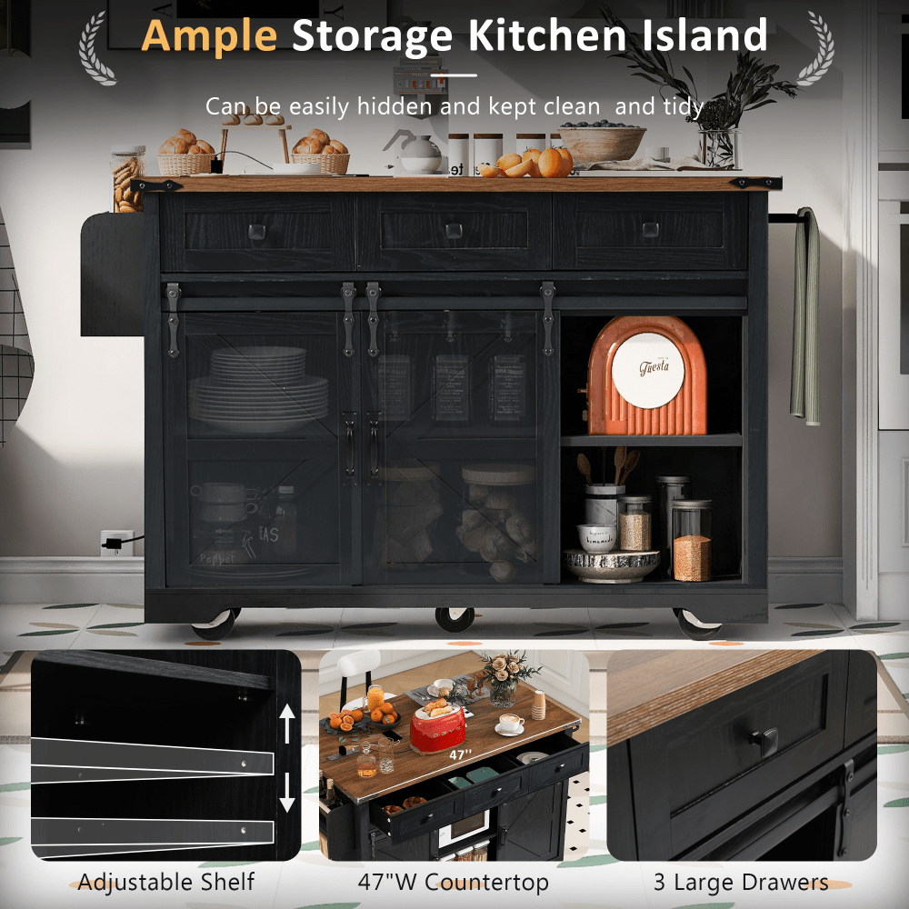 Farmhouse Style Kitchen Island With Power Outlet And Sliding Barn Doors, Rolling Cart With Drop Leaf And Spice Rack, Perfect For Home And Dining Room, Black Finish