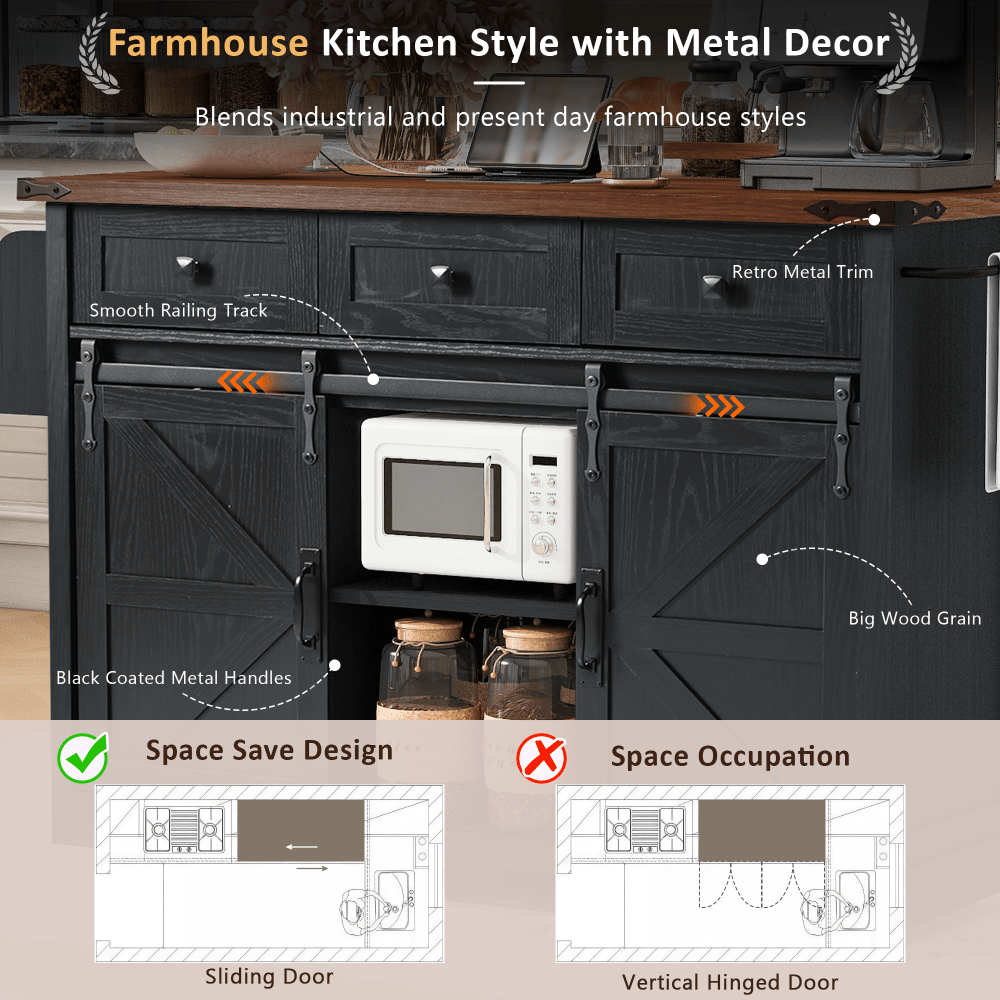Farmhouse Style Kitchen Island With Power Outlet And Sliding Barn Doors, Rolling Cart With Drop Leaf And Spice Rack, Perfect For Home And Dining Room, Black Finish