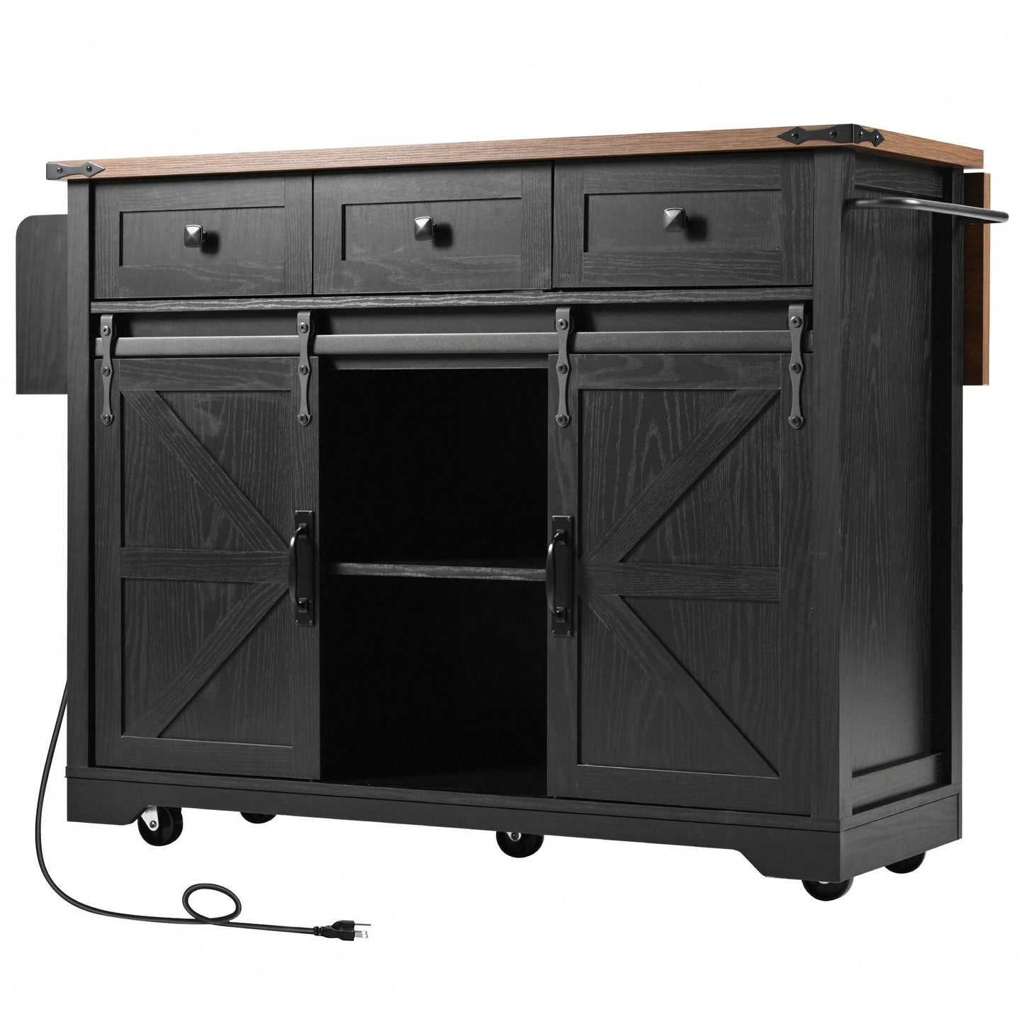 Farmhouse Style Kitchen Island With Power Outlet And Sliding Barn Doors, Rolling Cart With Drop Leaf And Spice Rack, Perfect For Home And Dining Room, Black Finish