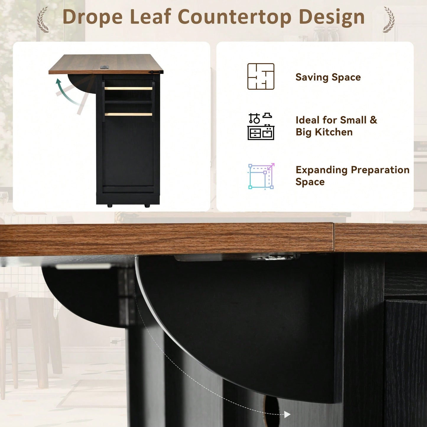 Farmhouse Style Kitchen Island With Power Outlet And Sliding Barn Doors, Rolling Cart With Drop Leaf And Spice Rack, Perfect For Home And Dining Room, Black Finish