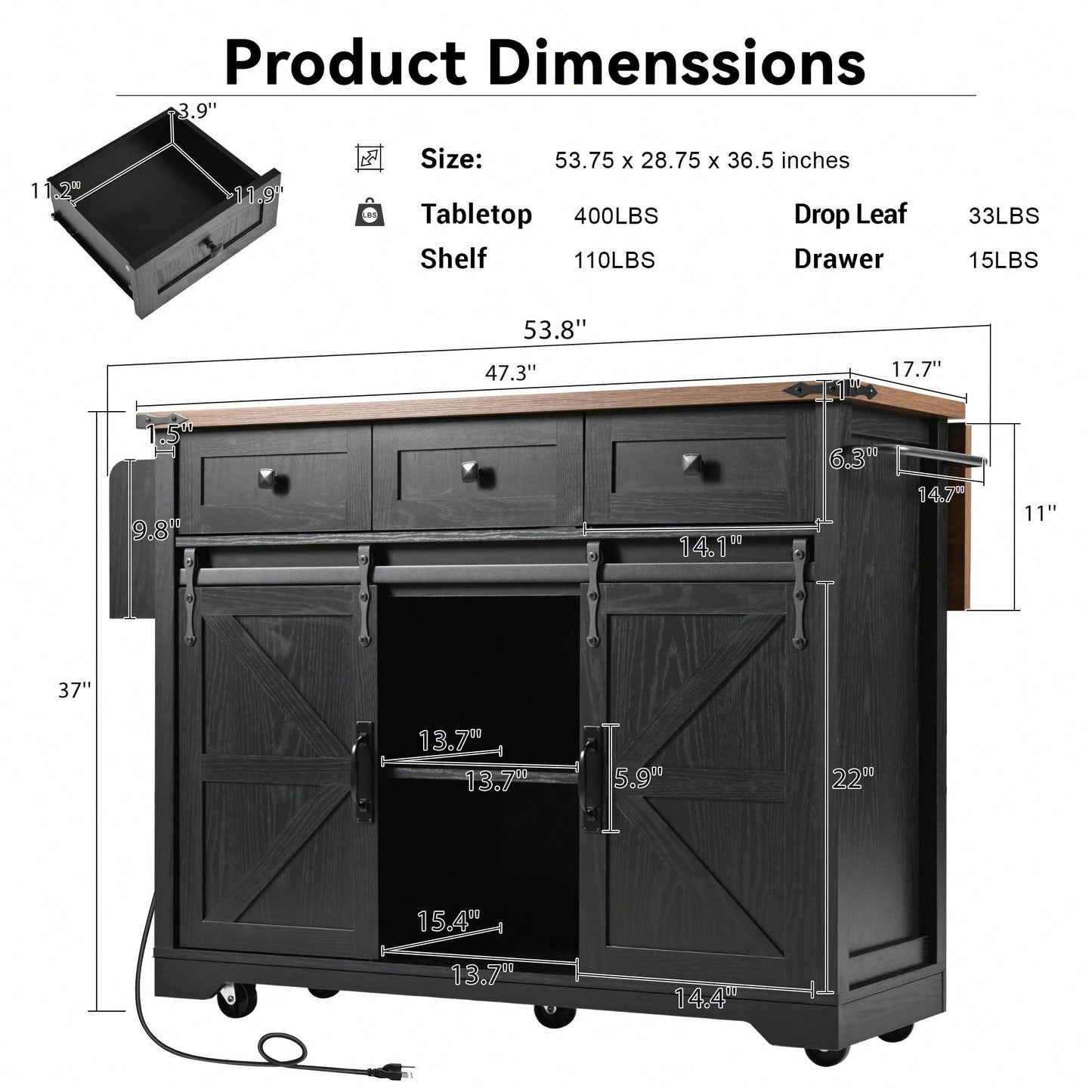 Farmhouse Style Kitchen Island With Power Outlet And Sliding Barn Doors, Rolling Cart With Drop Leaf And Spice Rack, Perfect For Home And Dining Room, Black Finish