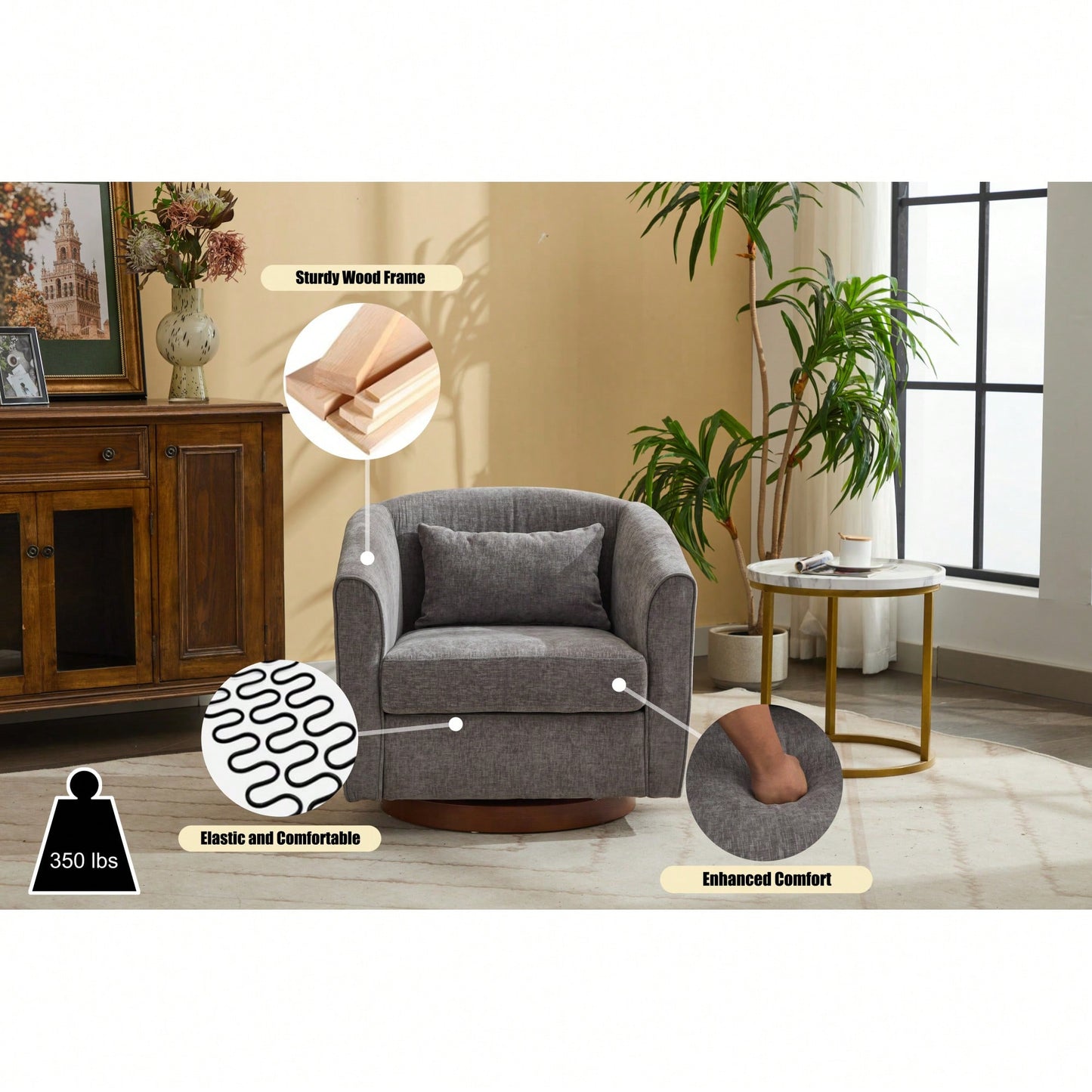 Comfy Swivel Accent Chair With Wood Base For Living Room Stylish Upholstered Sofa Chair