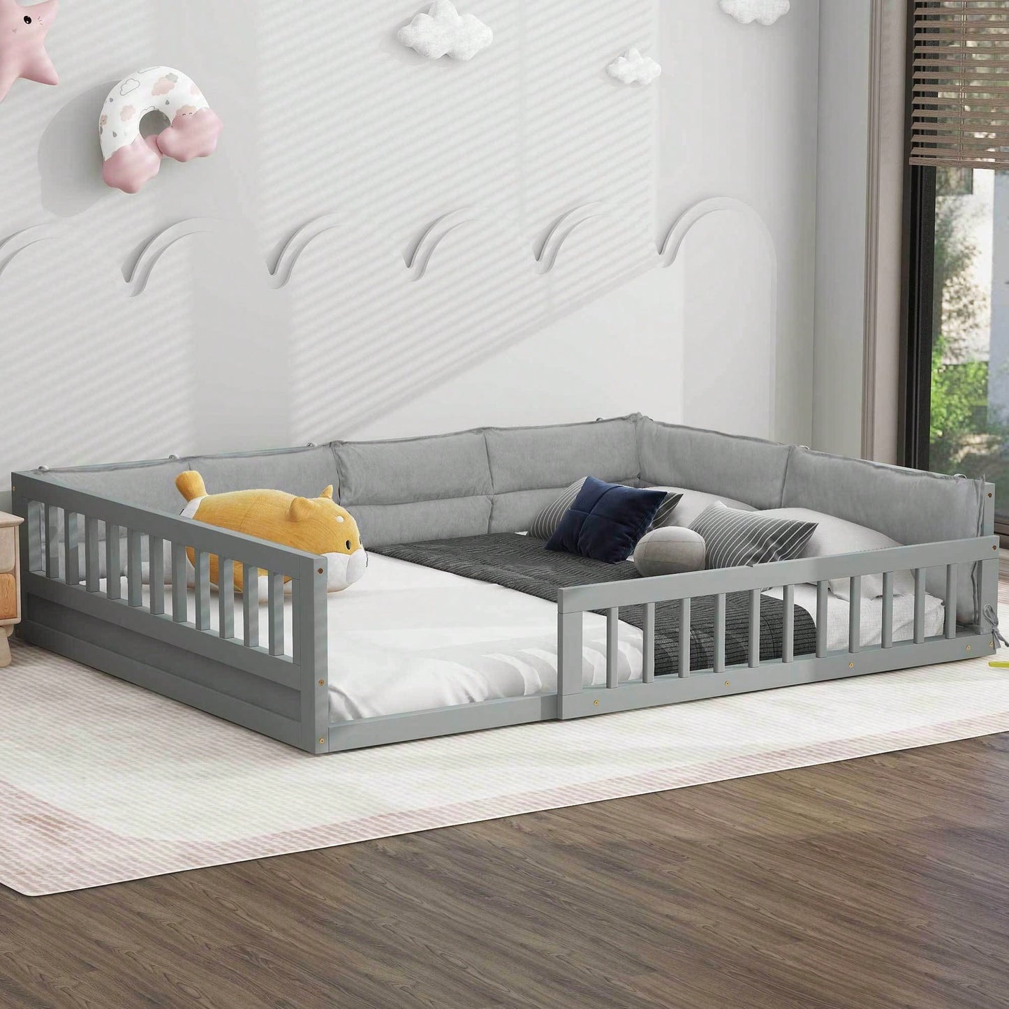 Full Size Upholstered Platform Bed With Guardrail And Pillow For Enhanced Comfort And Safety Beige