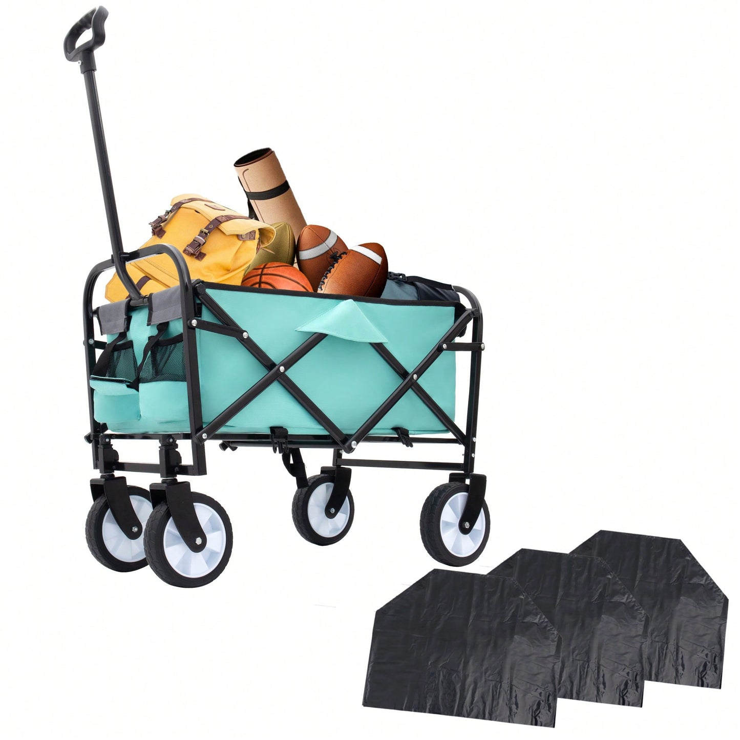 Collapsible Foldable Utility Wagon Cart With Strapping System For Beach Camping Shopping Gardening Fishing Supports 225lbs All-Terrain Wheels Black