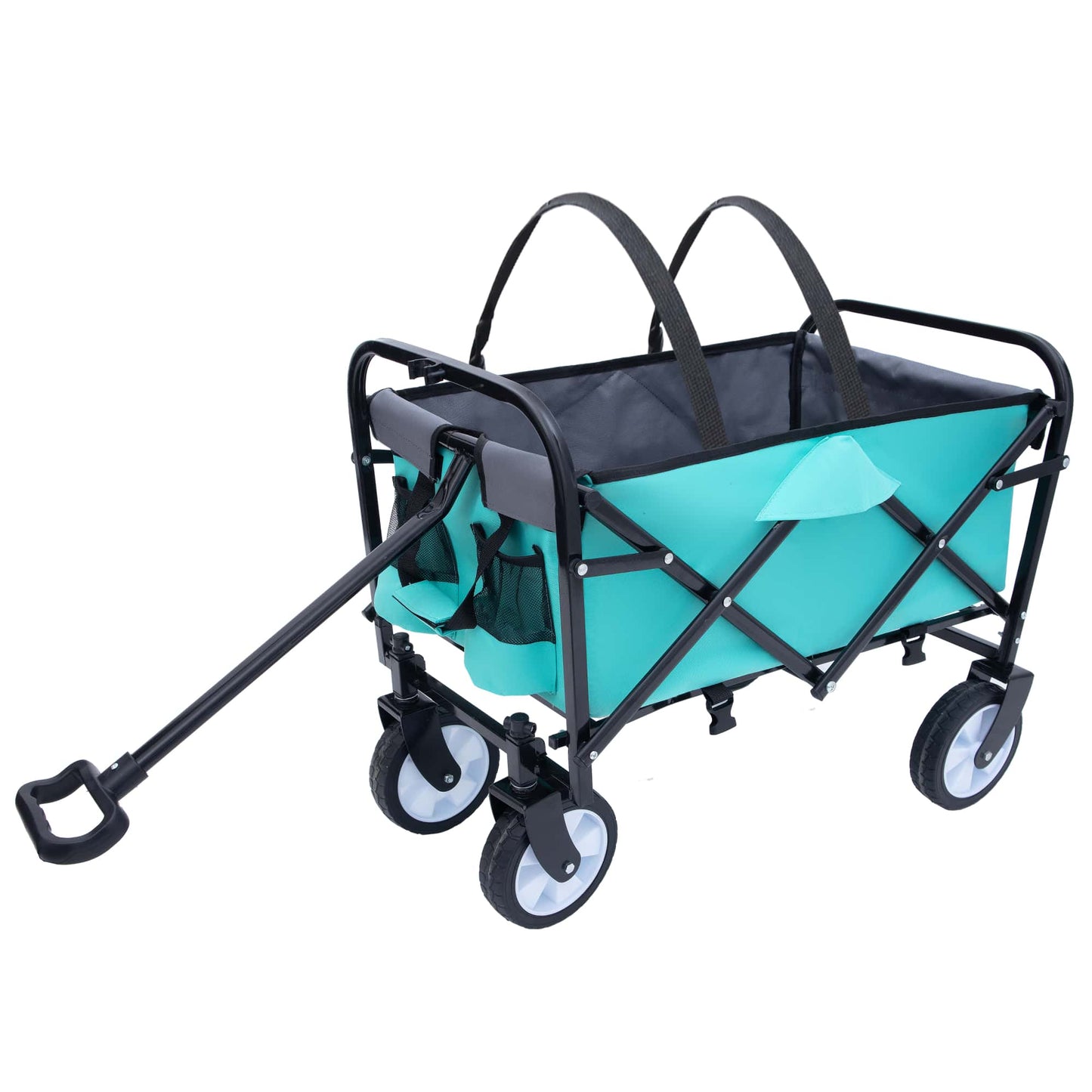 Collapsible Foldable Utility Wagon Cart With Strapping System For Beach Camping Shopping Gardening Fishing Supports 225lbs All-Terrain Wheels Black