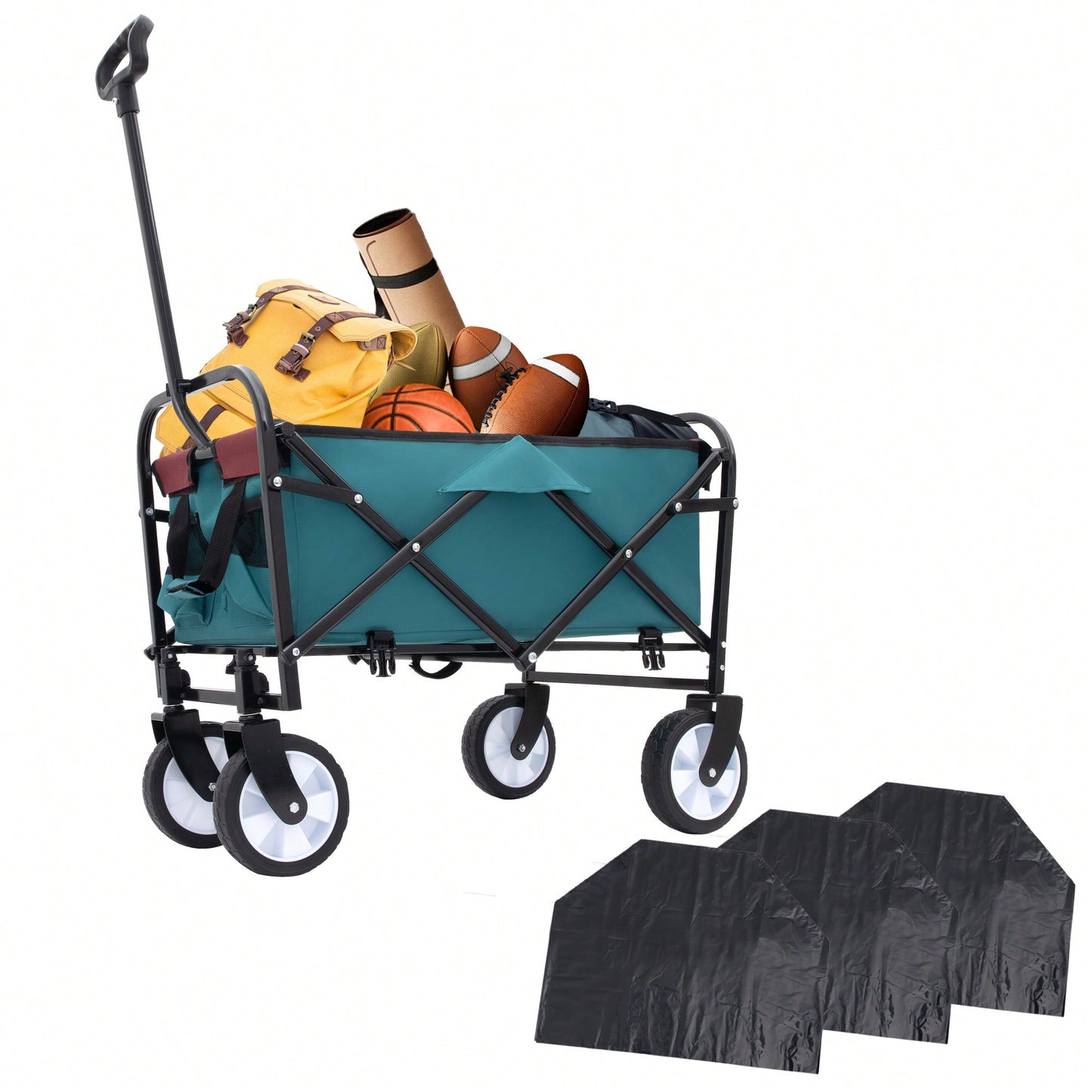 Collapsible Foldable Utility Wagon Cart With Strapping System For Beach Camping Shopping Gardening Fishing Supports 225lbs All-Terrain Wheels Black