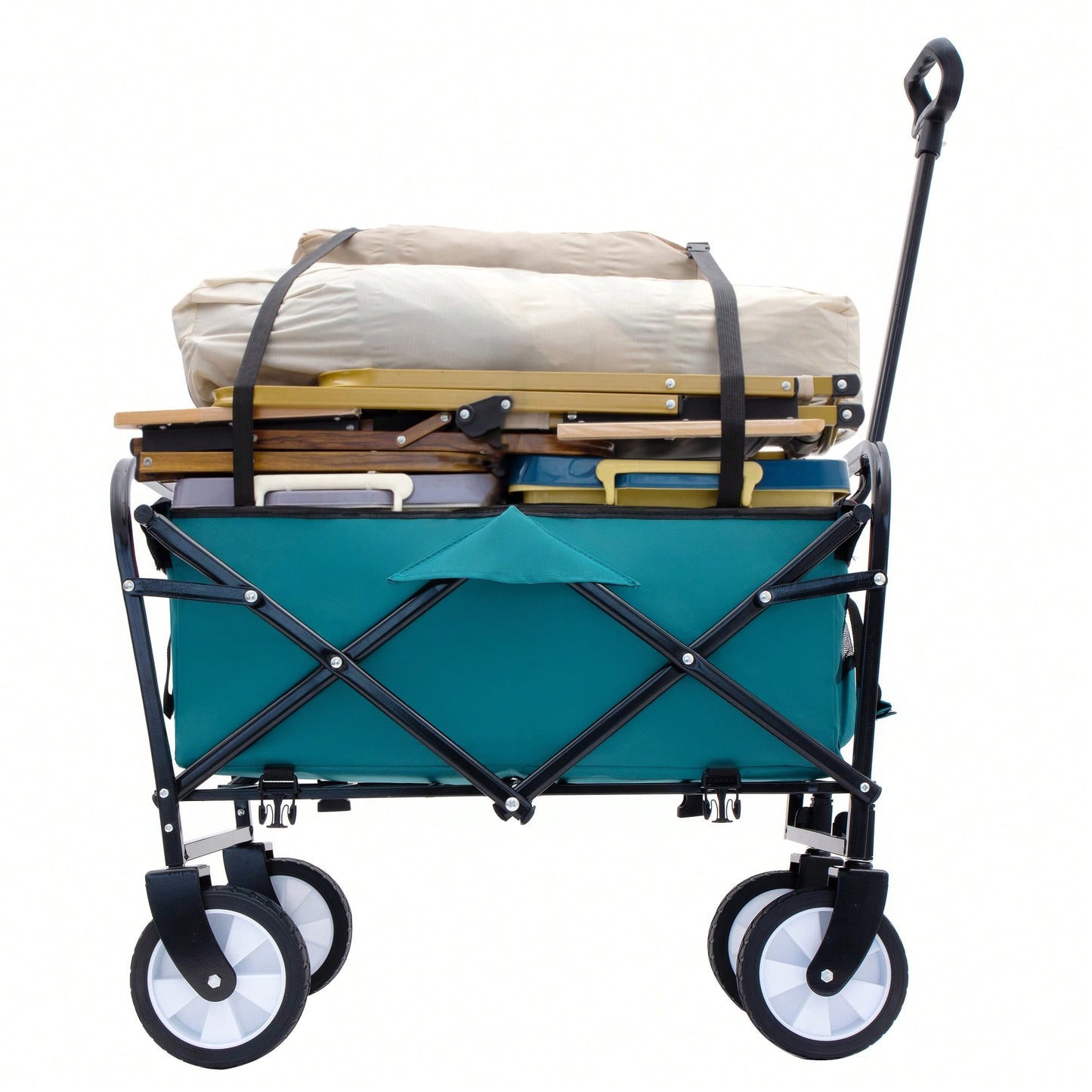 Collapsible Foldable Utility Wagon Cart With Strapping System For Beach Camping Shopping Gardening Fishing Supports 225lbs All-Terrain Wheels Black