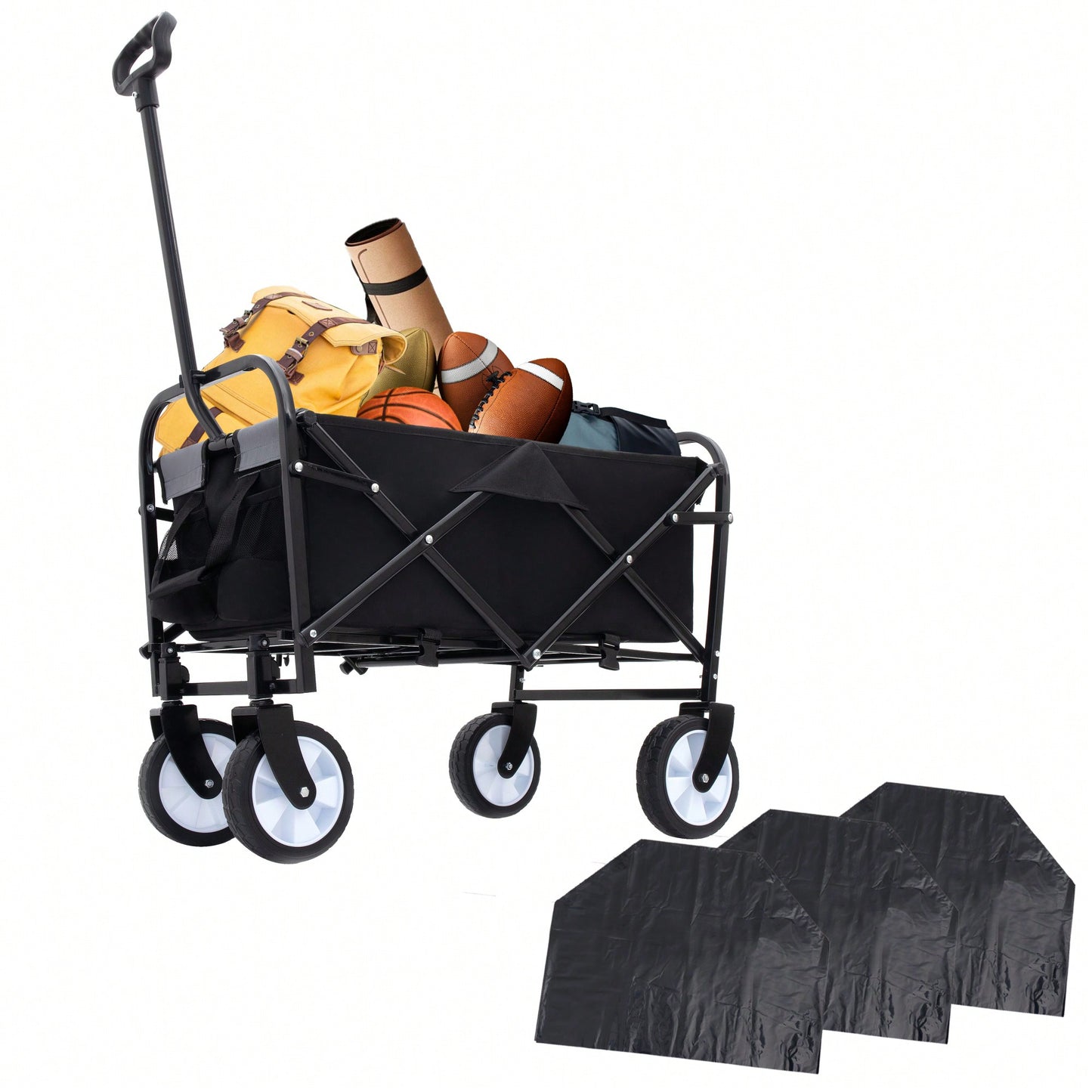 Collapsible Foldable Utility Wagon Cart With Strapping System For Beach Camping Shopping Gardening Fishing Supports 225lbs All-Terrain Wheels Black