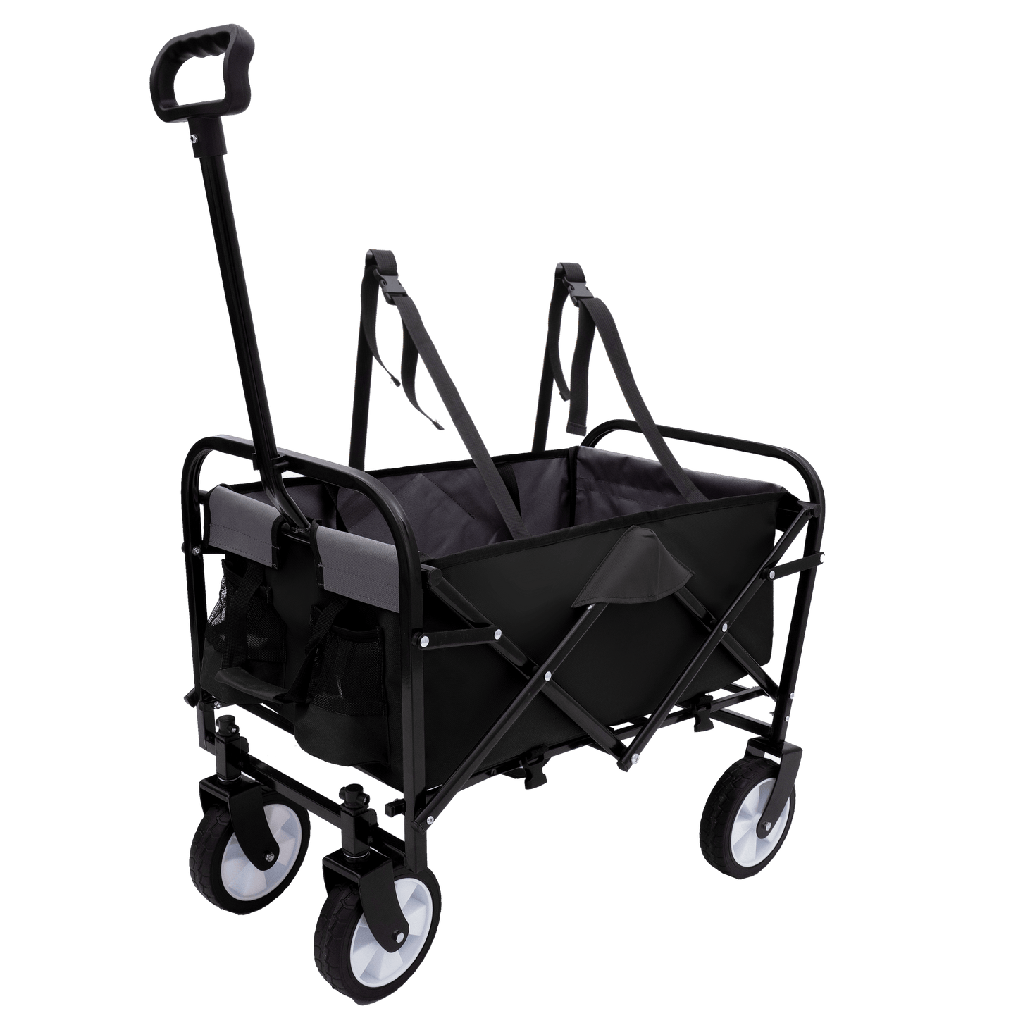 Collapsible Foldable Utility Wagon Cart With Strapping System For Beach Camping Shopping Gardening Fishing Supports 225lbs All-Terrain Wheels Black
