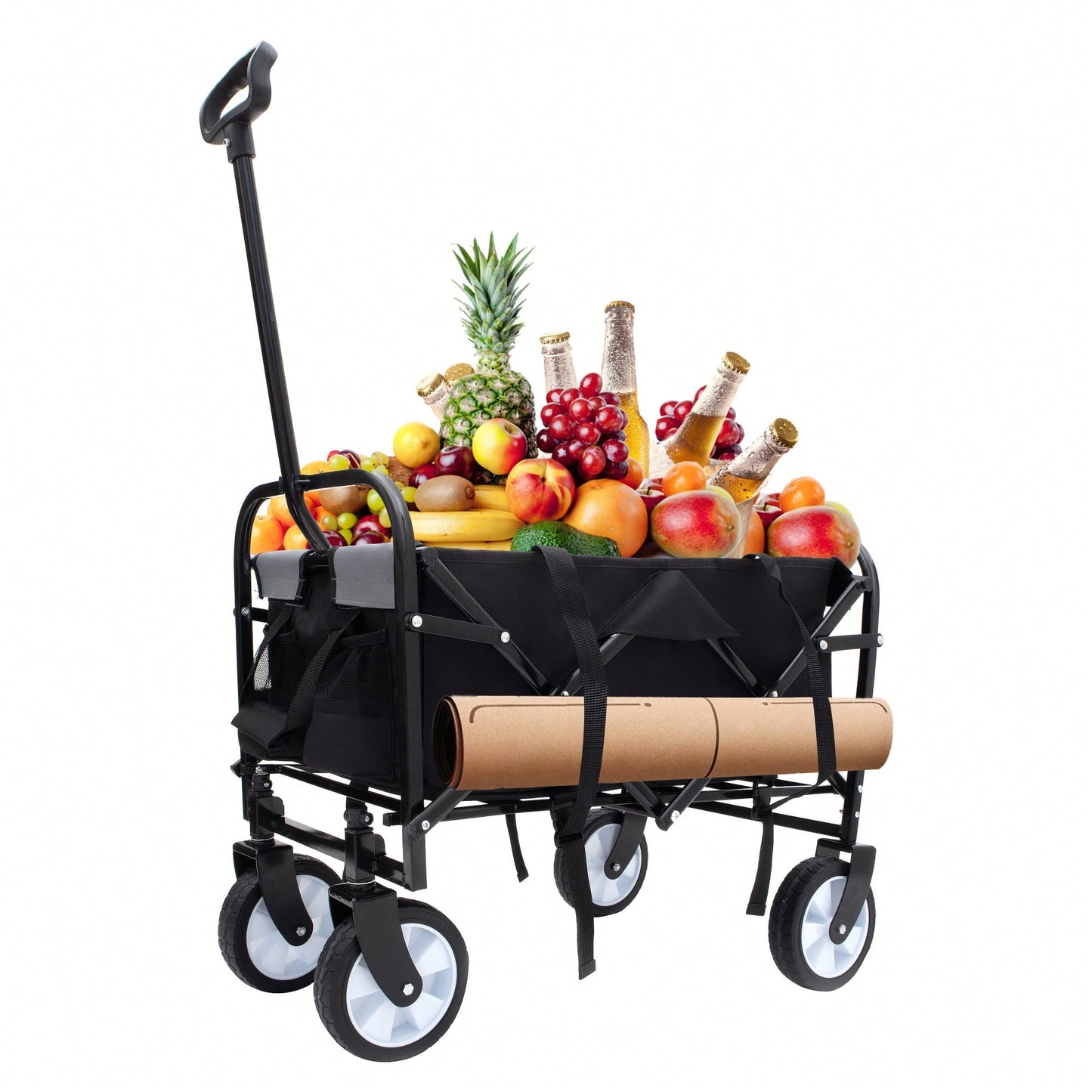 Collapsible Foldable Utility Wagon Cart With Strapping System For Beach Camping Shopping Gardening Fishing Supports 225lbs All-Terrain Wheels Black