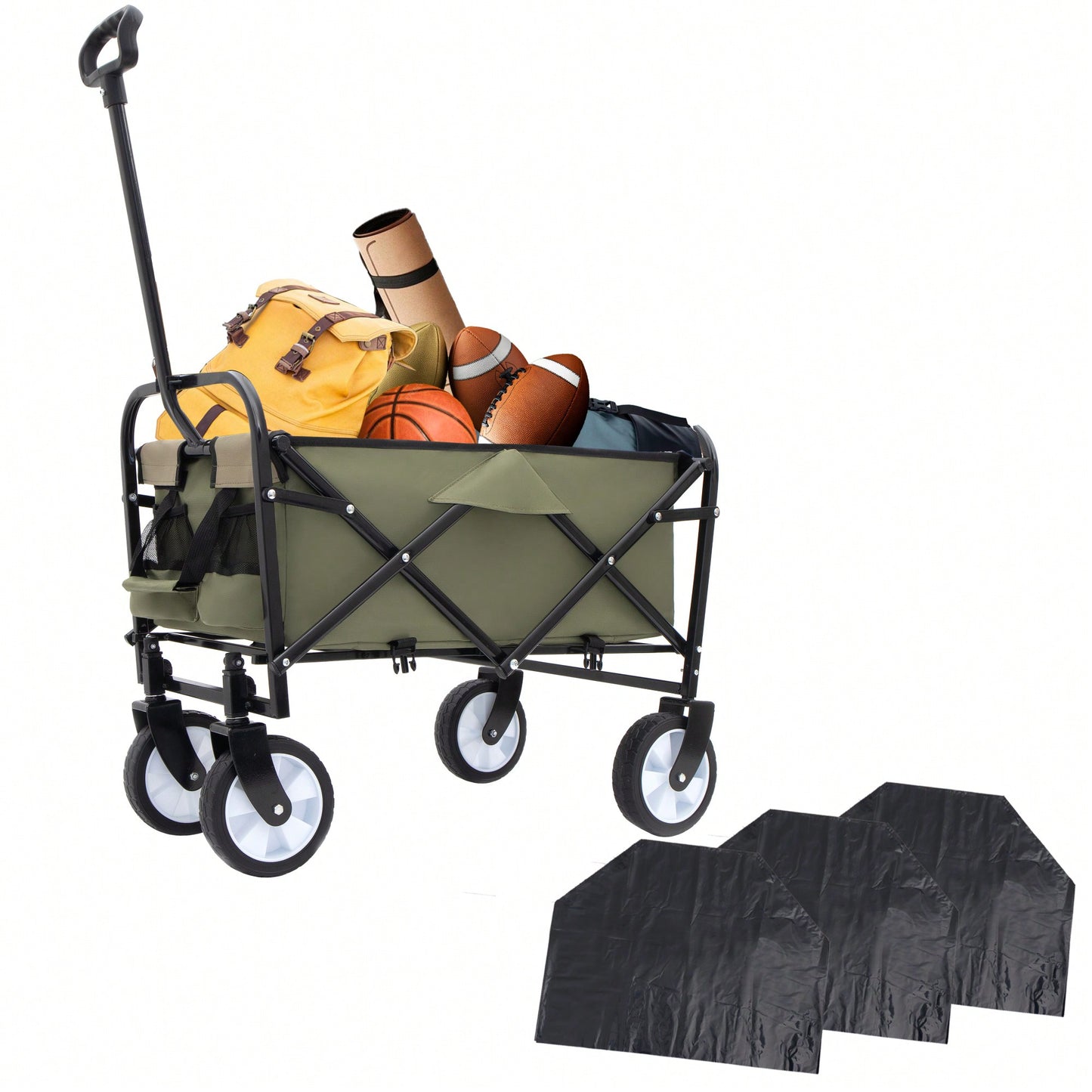 Collapsible Foldable Utility Wagon Cart With Strapping System For Beach Camping Shopping Gardening Fishing Supports 225lbs All-Terrain Wheels Black