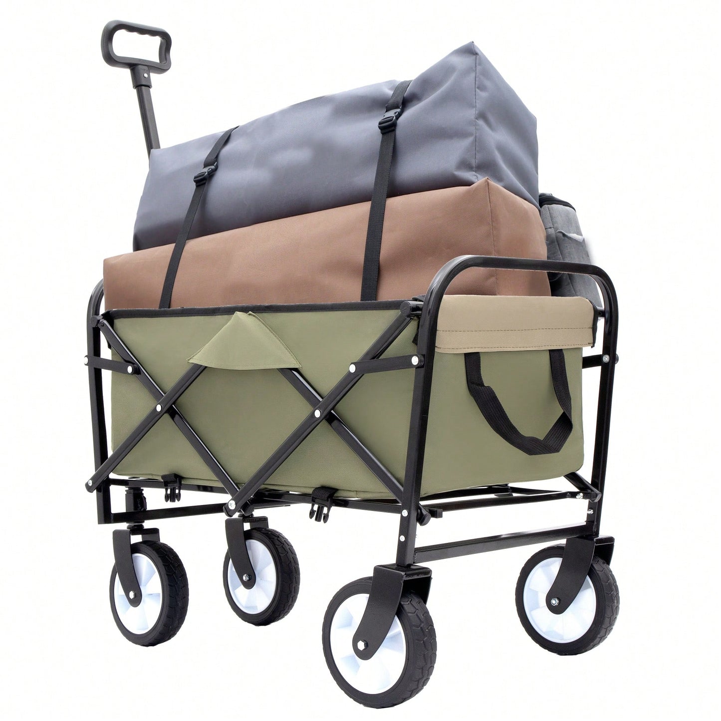 Collapsible Foldable Utility Wagon Cart With Strapping System For Beach Camping Shopping Gardening Fishing Supports 225lbs All-Terrain Wheels Black