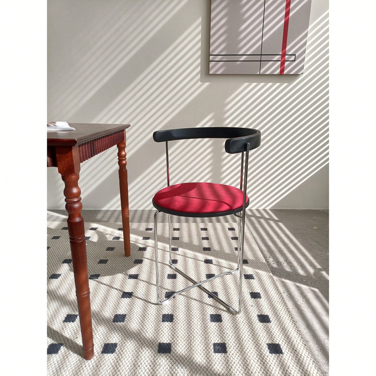 Modern Upholstered Folding Chair With Chrome Frame And Wooden Back For Dining Room Living Room Kitchen - Red