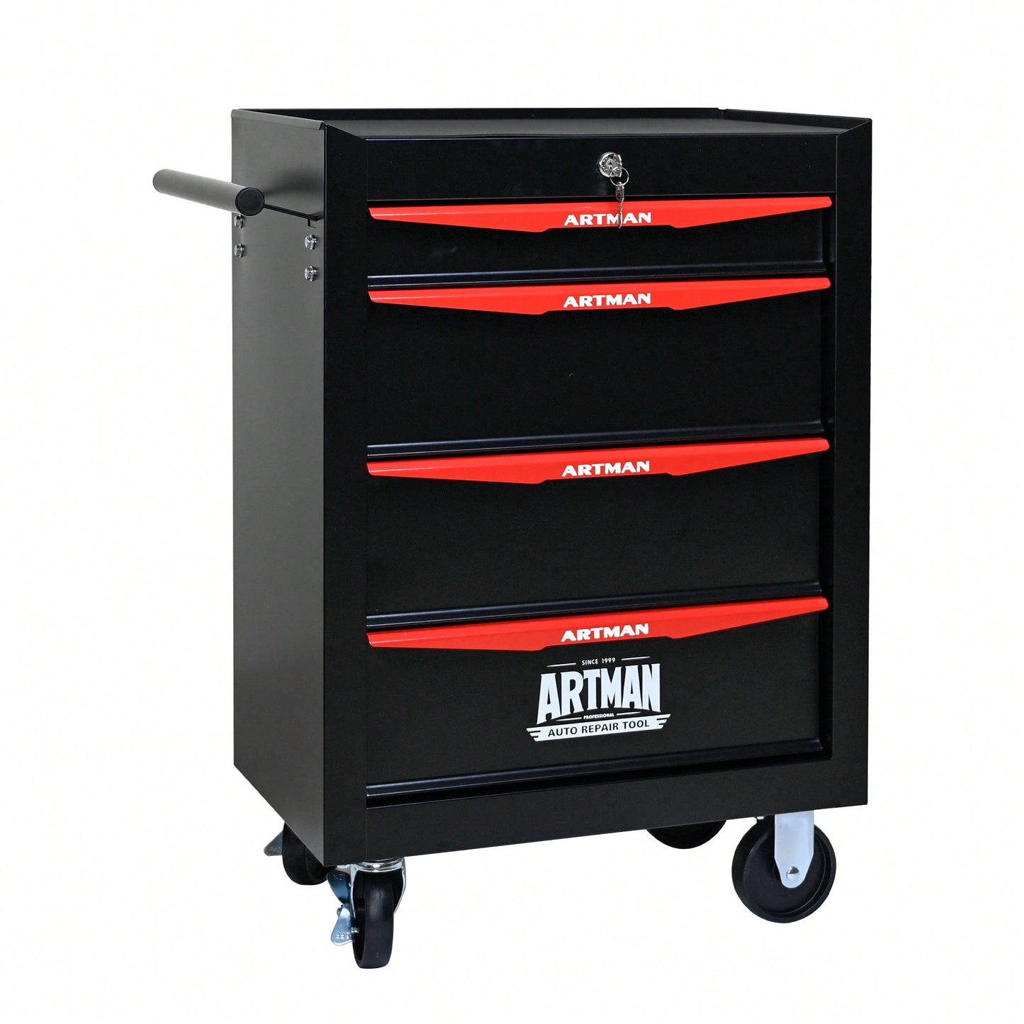 Rolling 20 Inch Metal Tool Chest With 4 Drawers And Ball Bearing Slides - Durable Steel Storage Organizer In Black And Red