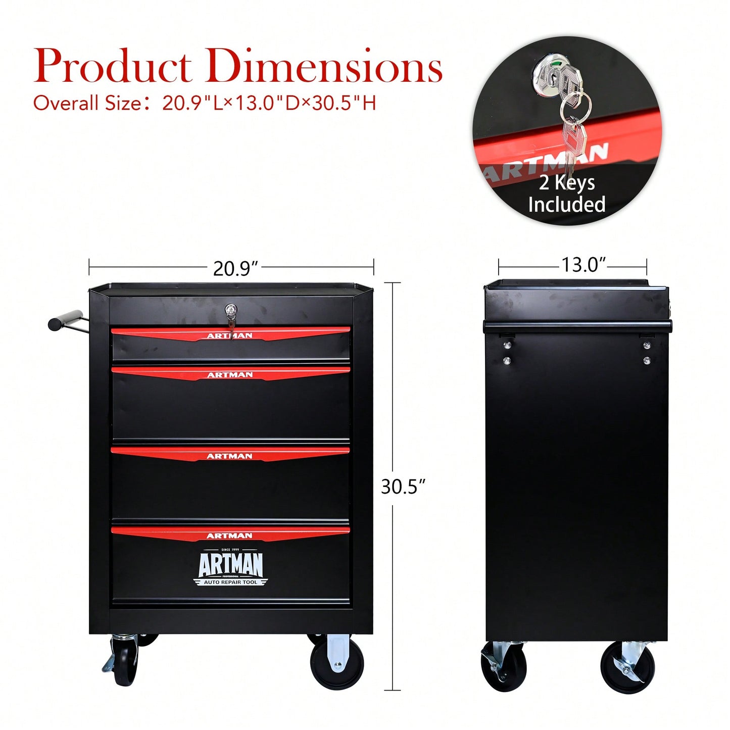 Rolling 20 Inch Metal Tool Chest With 4 Drawers And Ball Bearing Slides - Durable Steel Storage Organizer In Black And Red