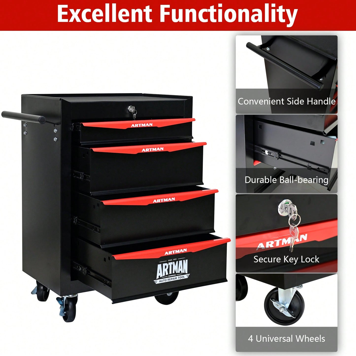 Rolling 20 Inch Metal Tool Chest With 4 Drawers And Ball Bearing Slides - Durable Steel Storage Organizer In Black And Red