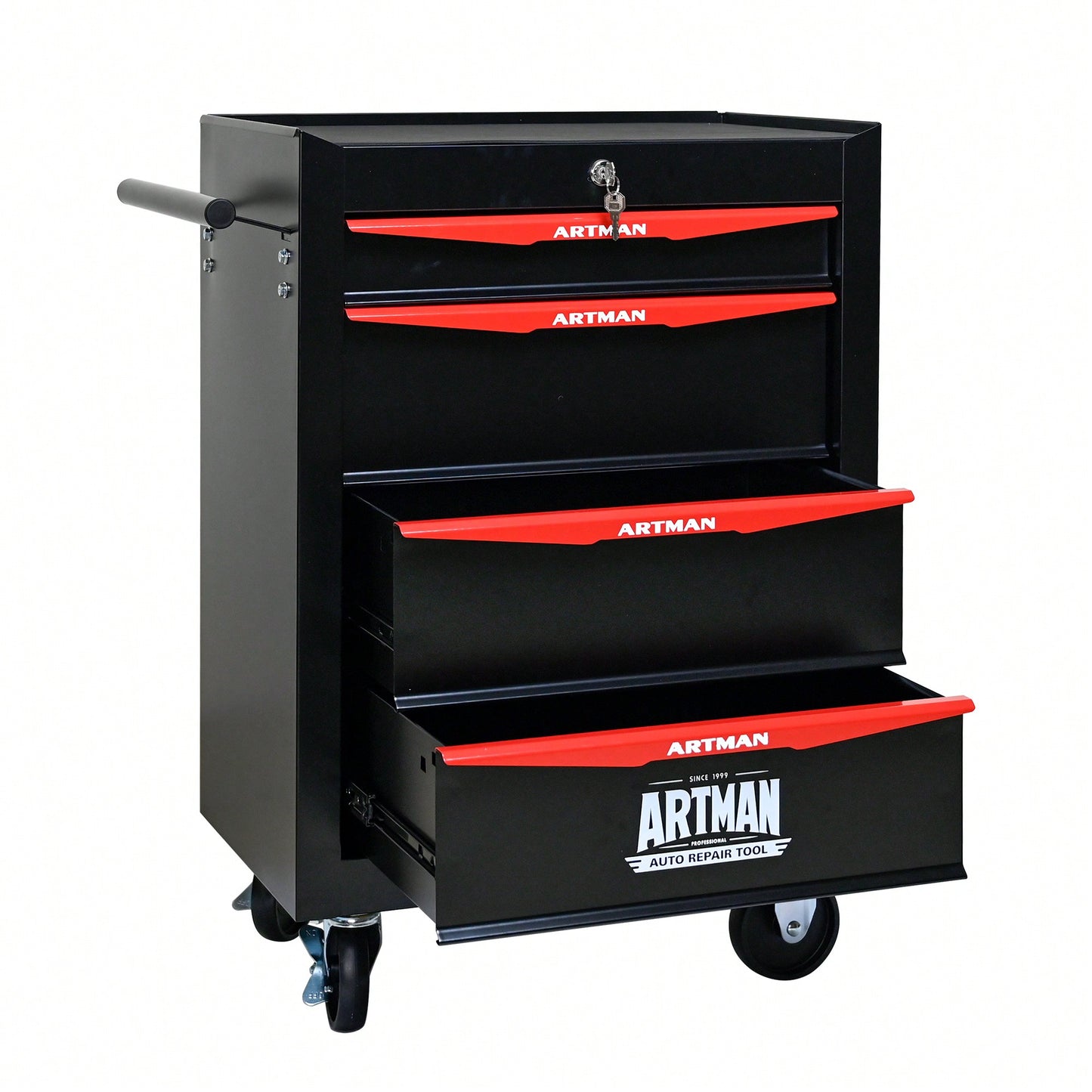 Rolling 20 Inch Metal Tool Chest With 4 Drawers And Ball Bearing Slides - Durable Steel Storage Organizer In Black And Red