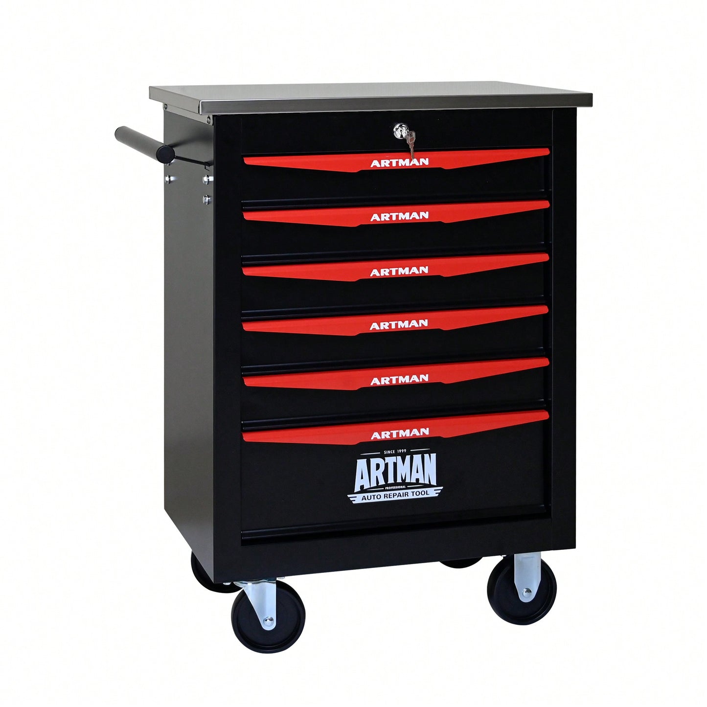 Multifunctional Rolling Tool Cart With 6 Drawers And Wheels For Garage Workshop Storage - Metal Tool Organizer With Stainless Steel Top In Black And Red