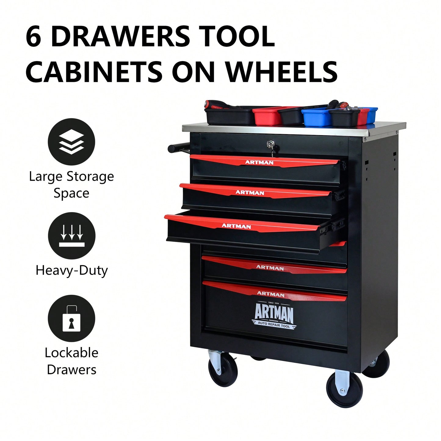 Multifunctional Rolling Tool Cart With 6 Drawers And Wheels For Garage Workshop Storage - Metal Tool Organizer With Stainless Steel Top In Black And Red