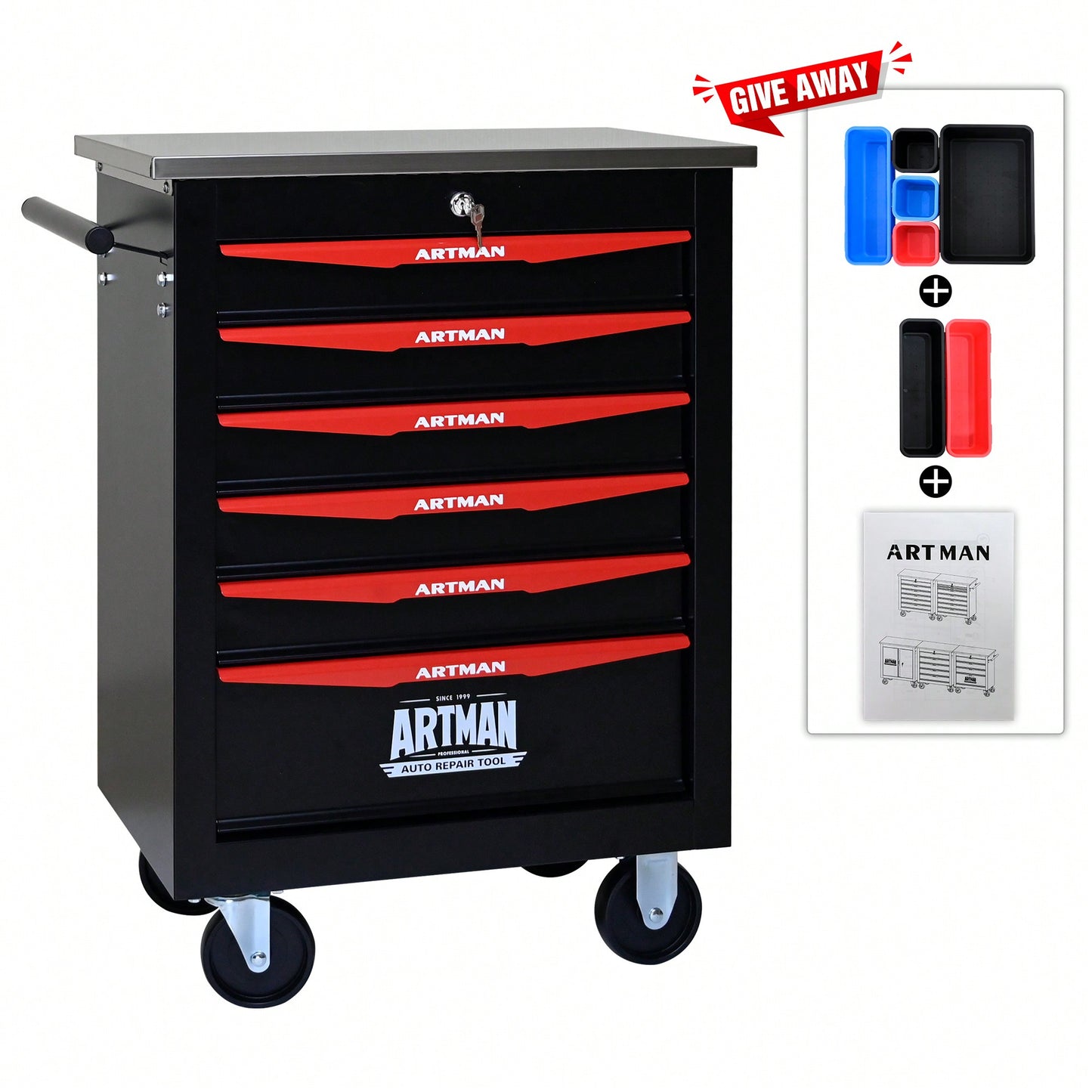 Multifunctional Rolling Tool Cart With 6 Drawers And Wheels For Garage Workshop Storage - Metal Tool Organizer With Stainless Steel Top In Black And Red