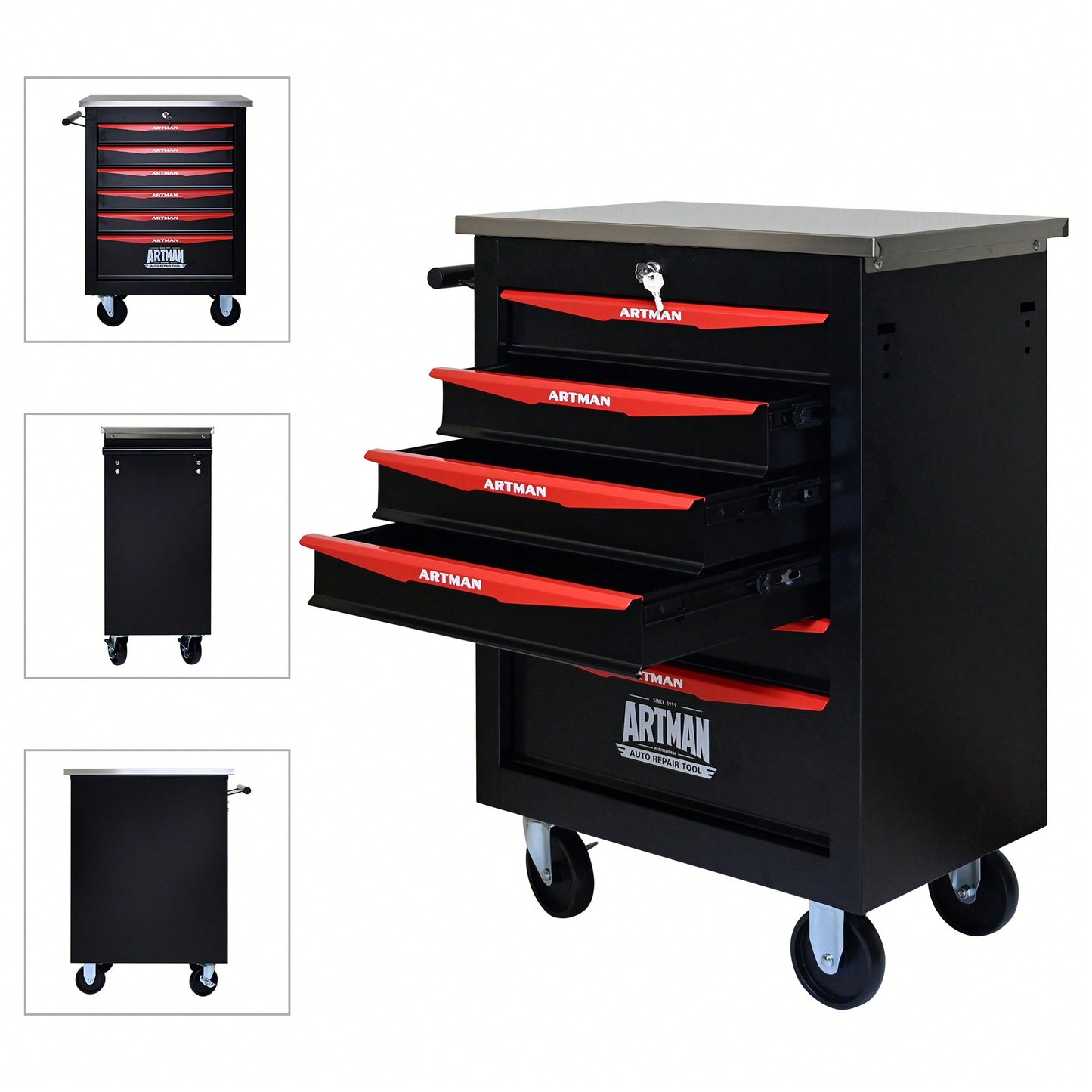 Multifunctional Rolling Tool Cart With 6 Drawers And Wheels For Garage Workshop Storage - Metal Tool Organizer With Stainless Steel Top In Black And Red