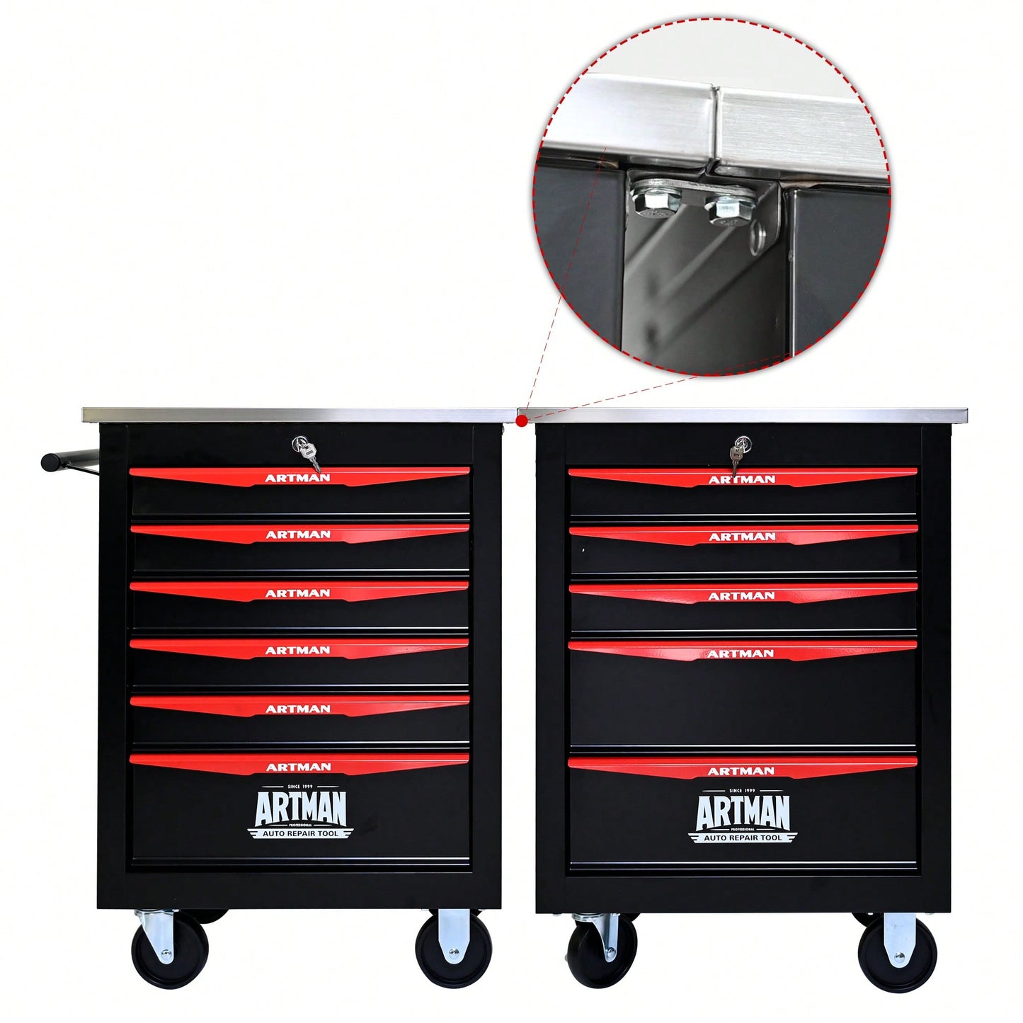 Multifunctional Rolling Tool Cart With 6 Drawers And Wheels For Garage Workshop Storage - Metal Tool Organizer With Stainless Steel Top In Black And Red