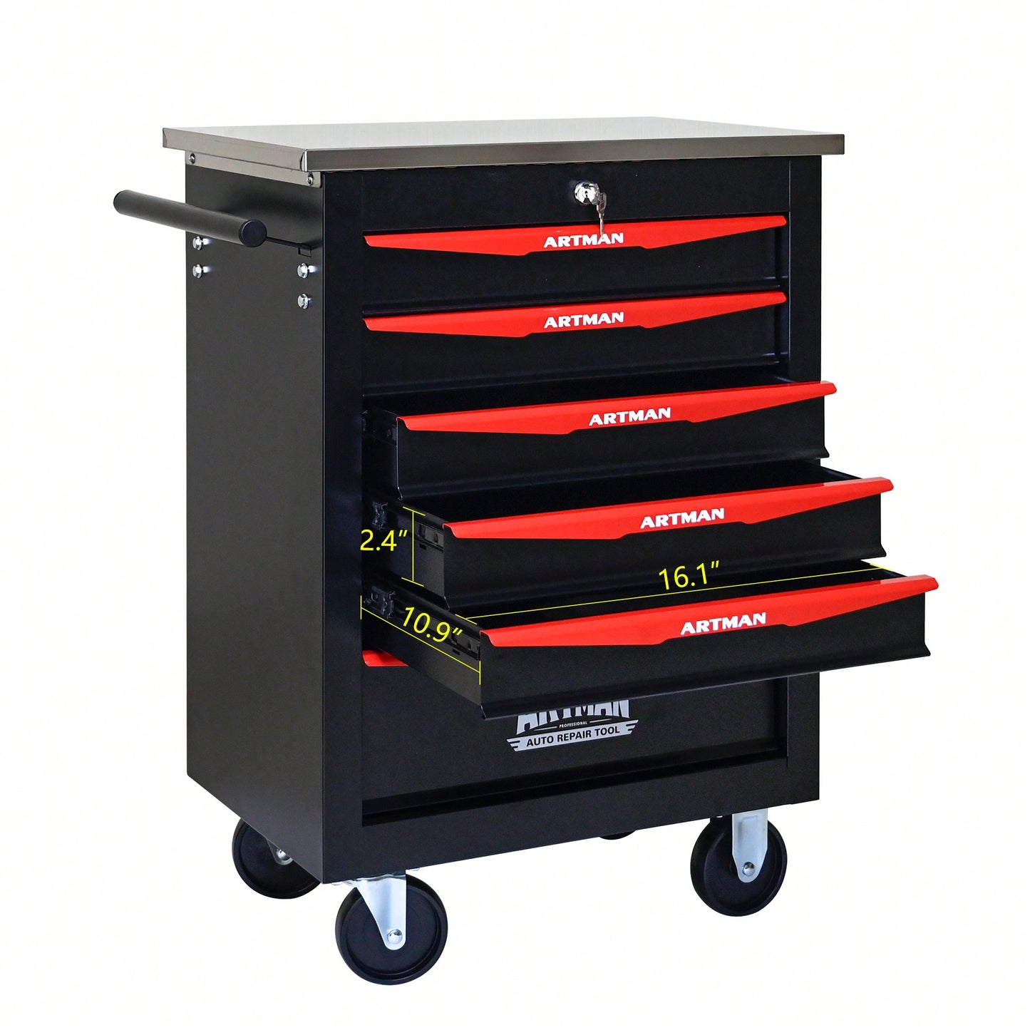 Multifunctional Rolling Tool Cart With 6 Drawers And Wheels For Garage Workshop Storage - Metal Tool Organizer With Stainless Steel Top In Black And Red