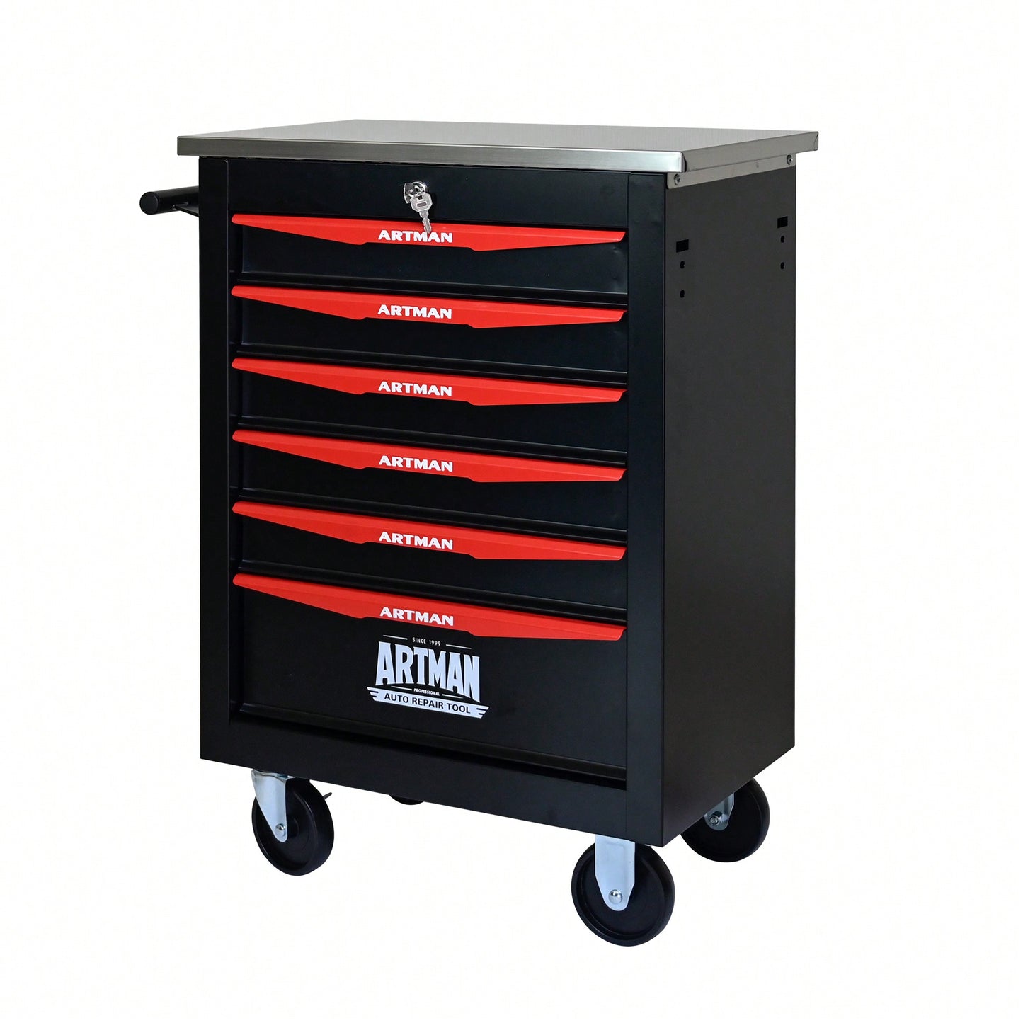 Multifunctional Rolling Tool Cart With 6 Drawers And Wheels For Garage Workshop Storage - Metal Tool Organizer With Stainless Steel Top In Black And Red