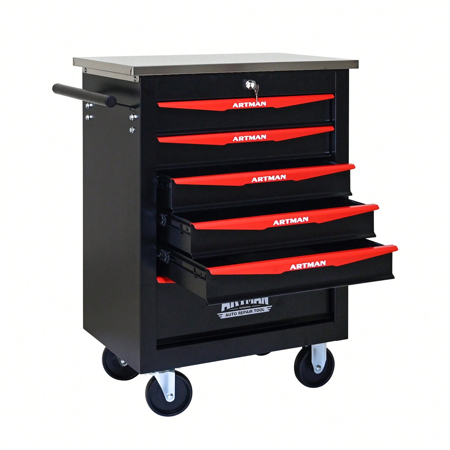 Multifunctional Rolling Tool Cart With 6 Drawers And Wheels For Garage Workshop Storage - Metal Tool Organizer With Stainless Steel Top In Black And Red