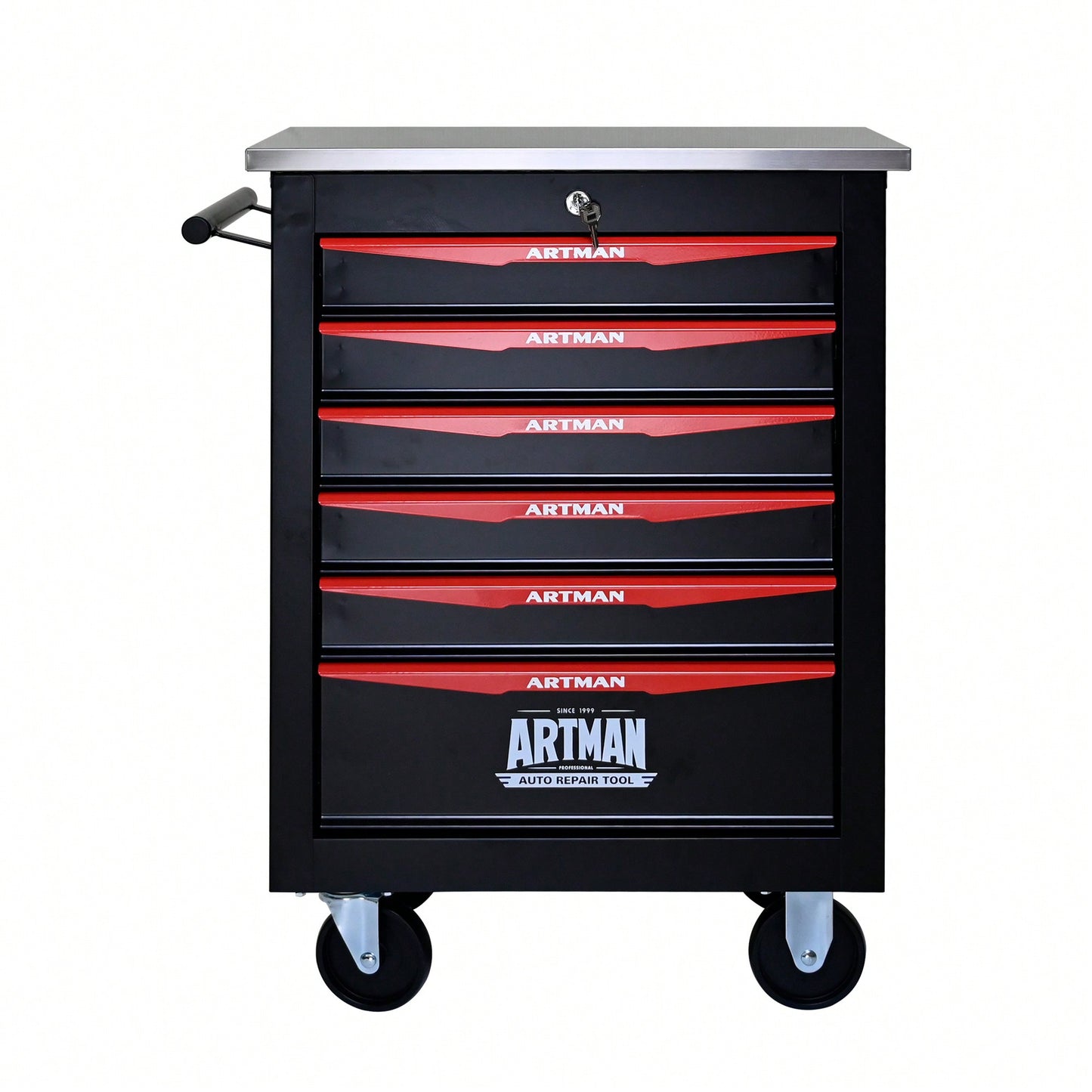 Multifunctional Rolling Tool Cart With 6 Drawers And Wheels For Garage Workshop Storage - Metal Tool Organizer With Stainless Steel Top In Black And Red