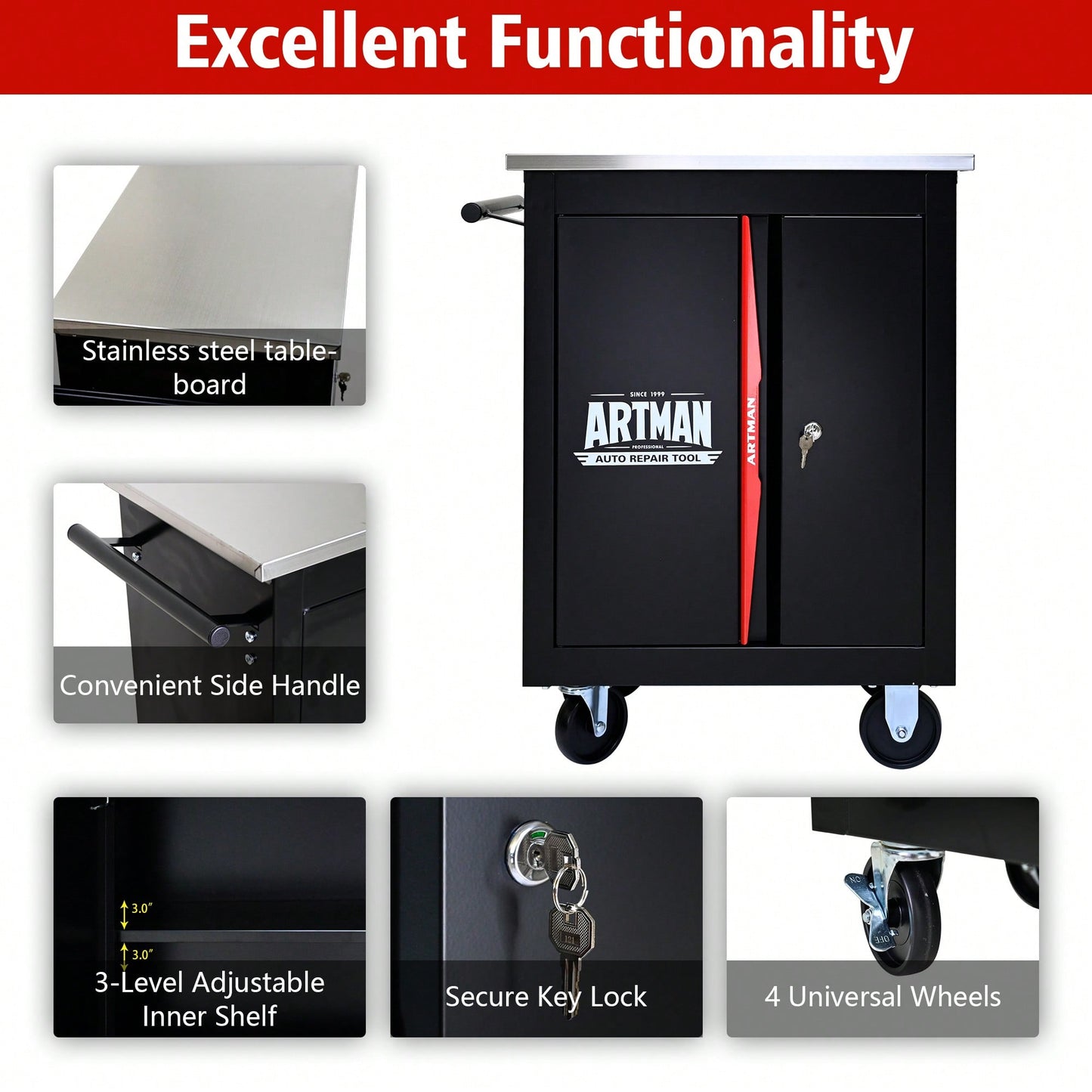 Multi-Functional Double-Door Clapboard Tool Cart In Black And Red