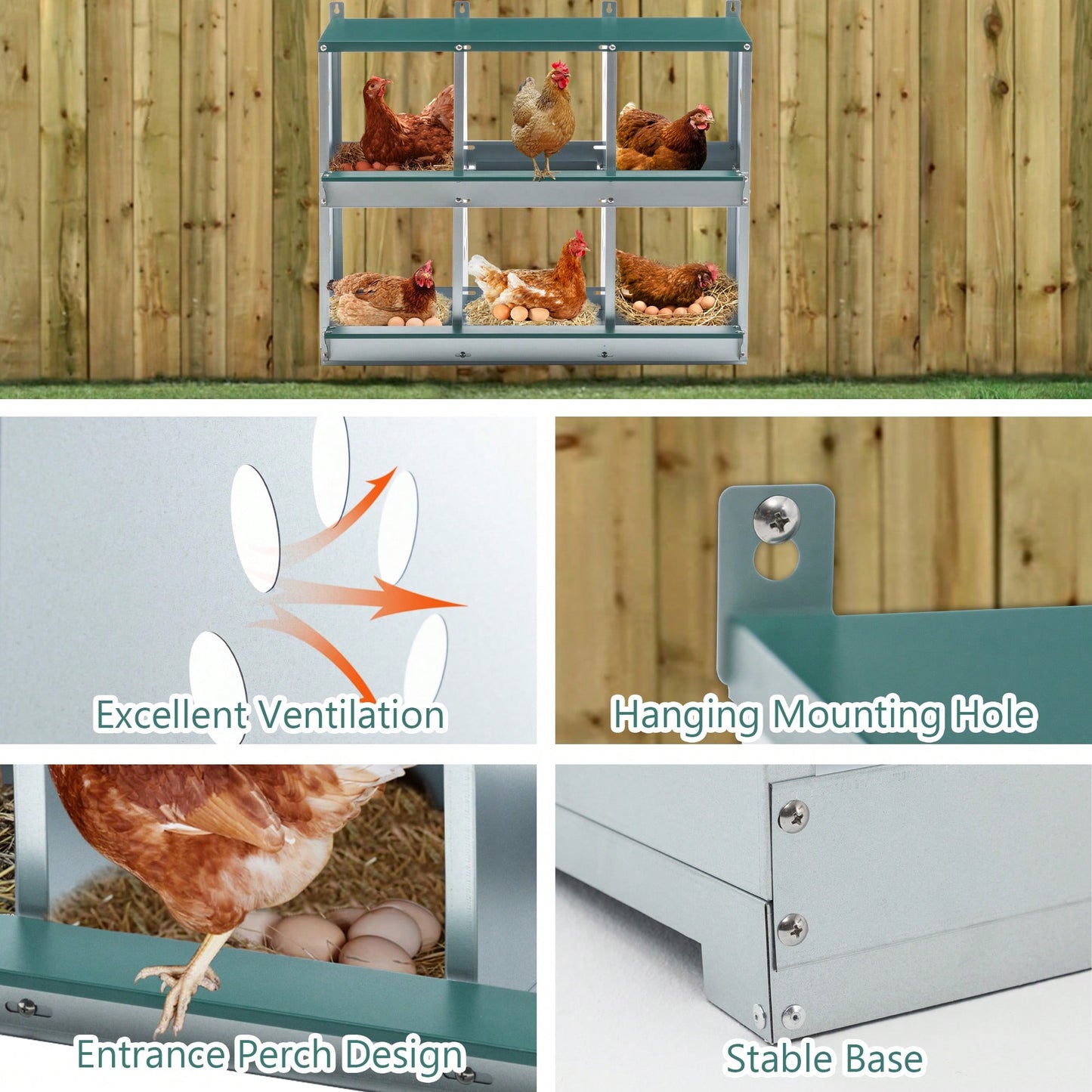 Metal Chicken Nesting Box With 6 Rooms Galvanized Steel Hens Easy Assembly