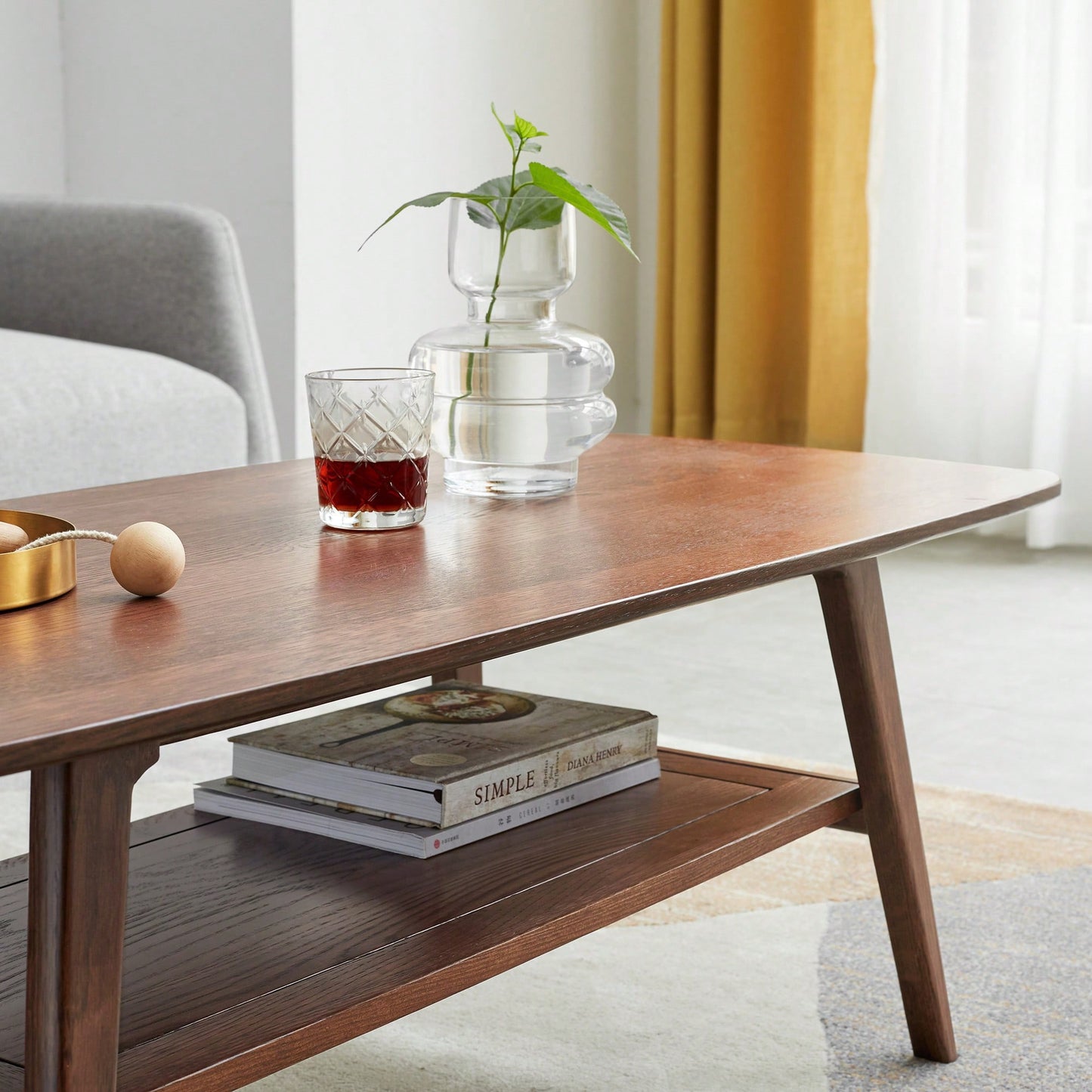 Solid Oak Wood Coffee Table With Storage Shelf 120cm Wide Low Desk For Home Office Walnut Finish Easy Assembly