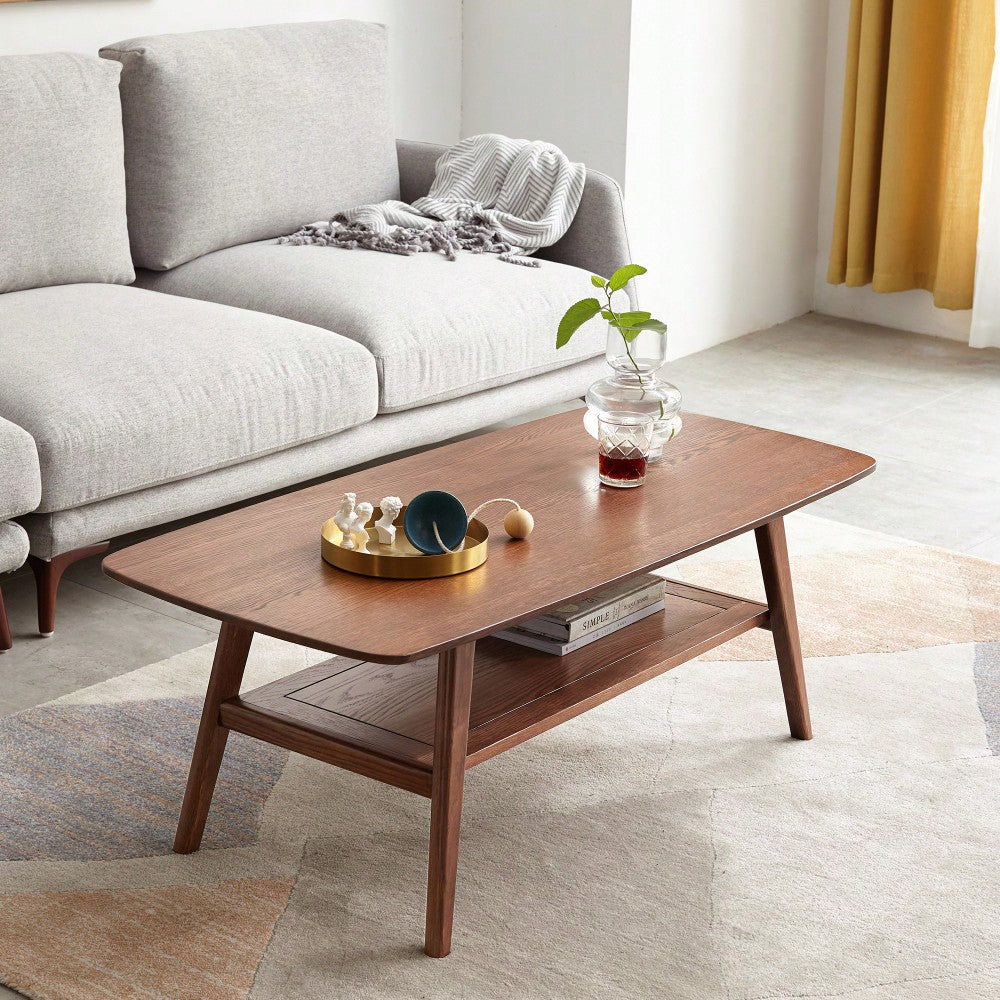 Solid Oak Wood Coffee Table With Storage Shelf 120cm Wide Low Desk For Home Office Walnut Finish Easy Assembly