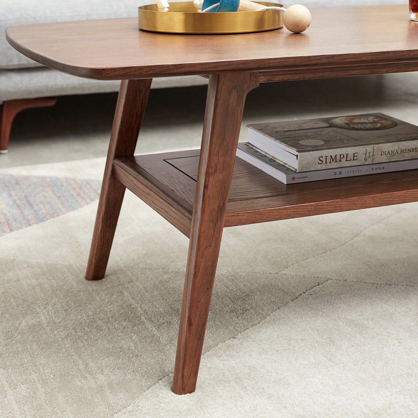 Solid Oak Wood Coffee Table With Storage Shelf 120cm Wide Low Desk For Home Office Walnut Finish Easy Assembly