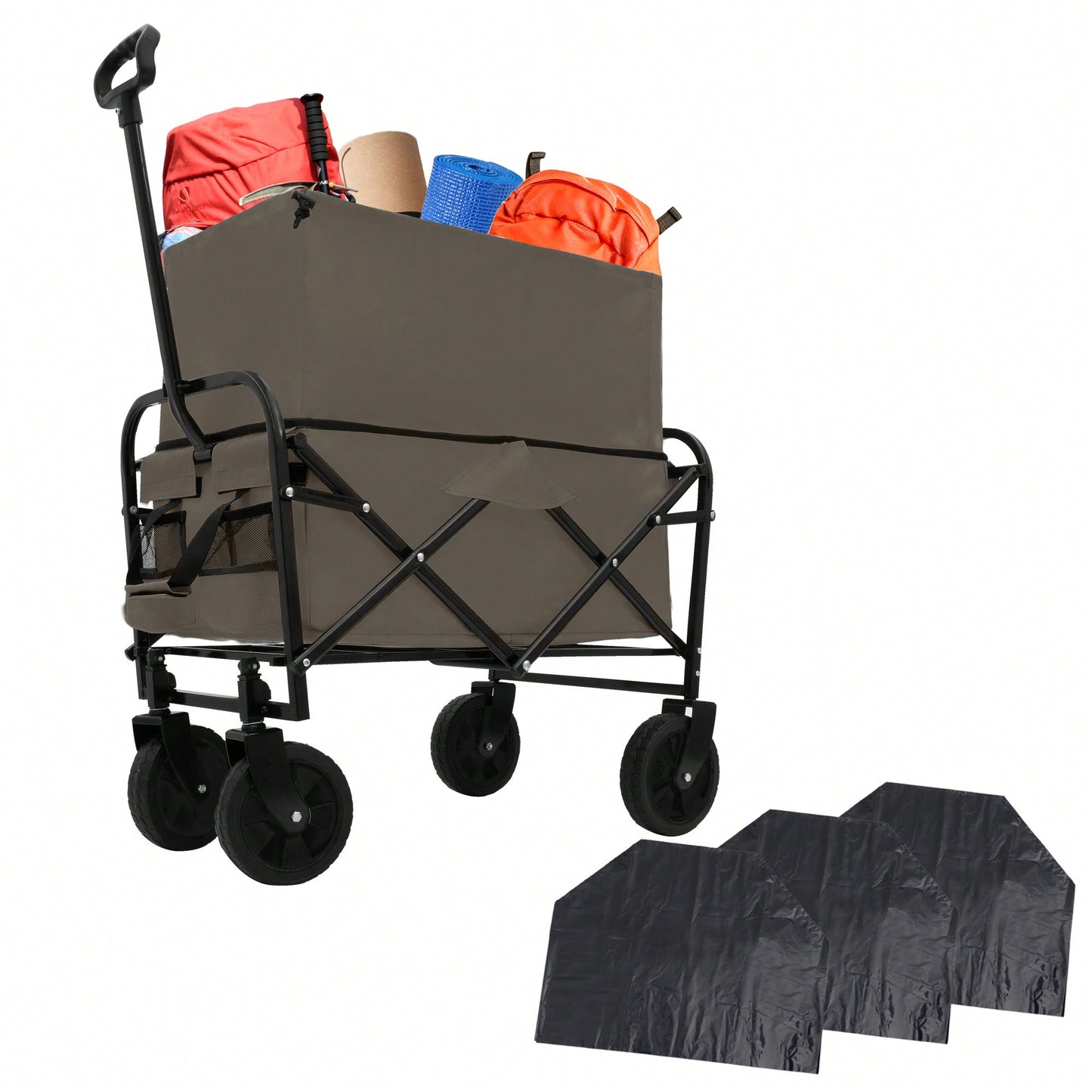 Collapsible Heavy Duty Utility Cart With 3 Plastic Liner Bags For Camping And Grocery Shopping - Olive Green Beach Wagon