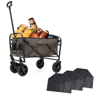 Collapsible Heavy Duty Utility Cart With 3 Plastic Liner Bags For Camping And Grocery Shopping - Olive Green Beach Wagon