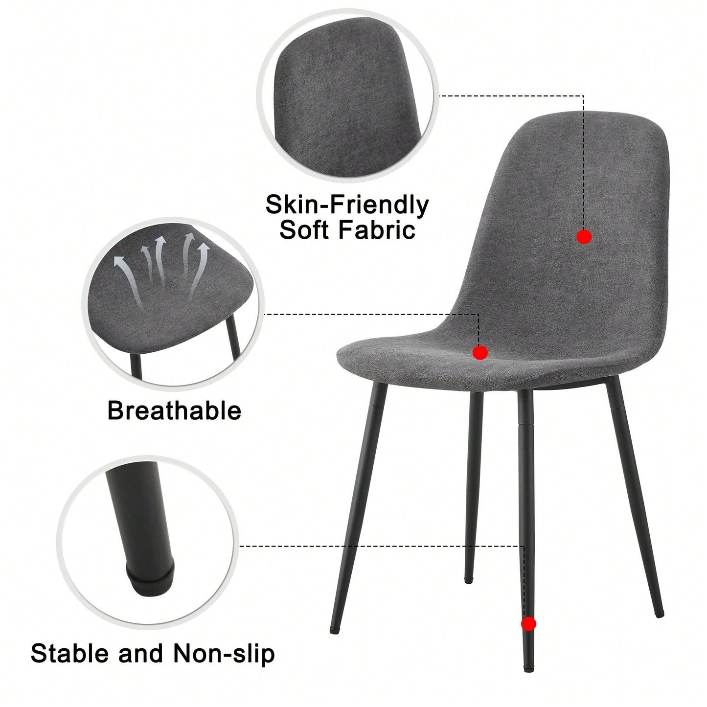 Set Of 4 Modern Mid-Century Upholstered Dining Chairs With Soft Linen Fabric And Black Metal Legs