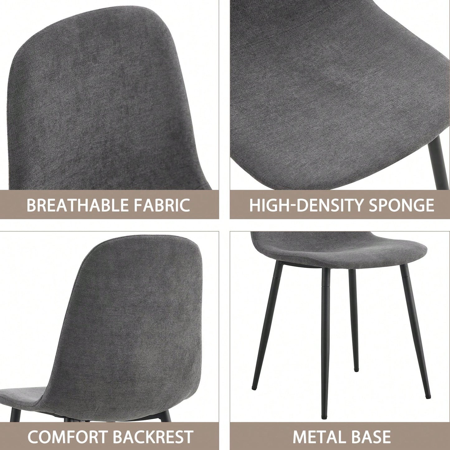 Set Of 4 Modern Mid-Century Upholstered Dining Chairs With Soft Linen Fabric And Black Metal Legs