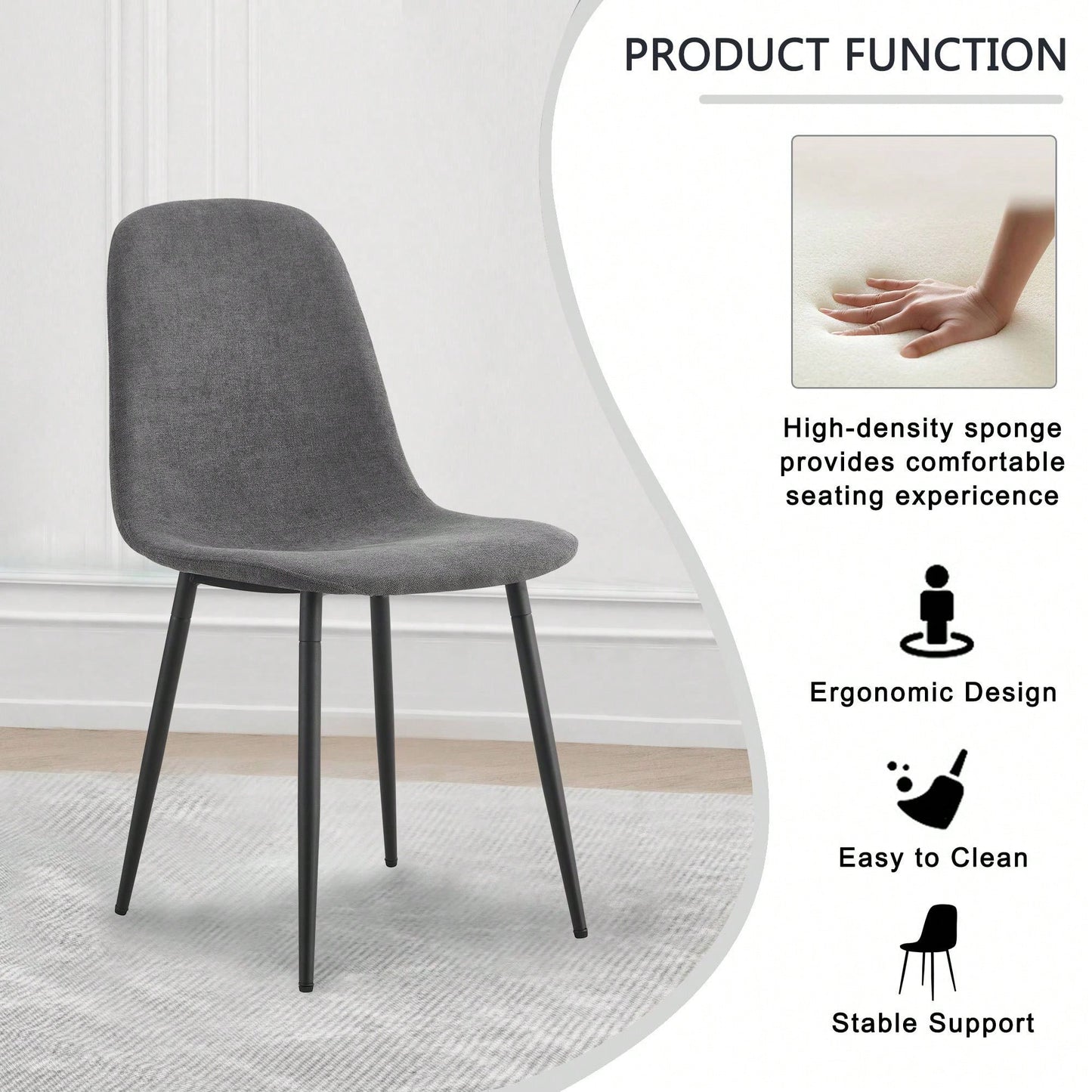 Set Of 4 Modern Mid-Century Upholstered Dining Chairs With Soft Linen Fabric And Black Metal Legs