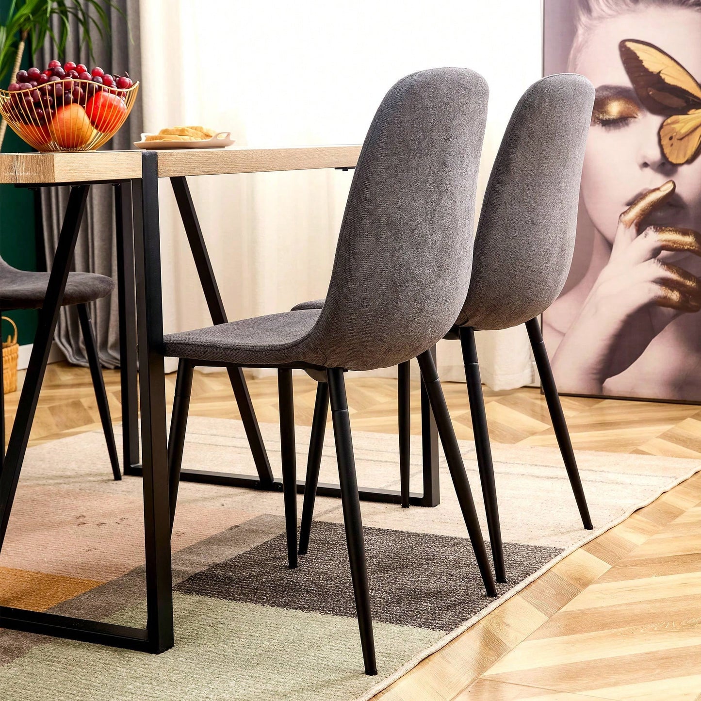 Set Of 4 Modern Mid-Century Upholstered Dining Chairs With Soft Linen Fabric And Black Metal Legs