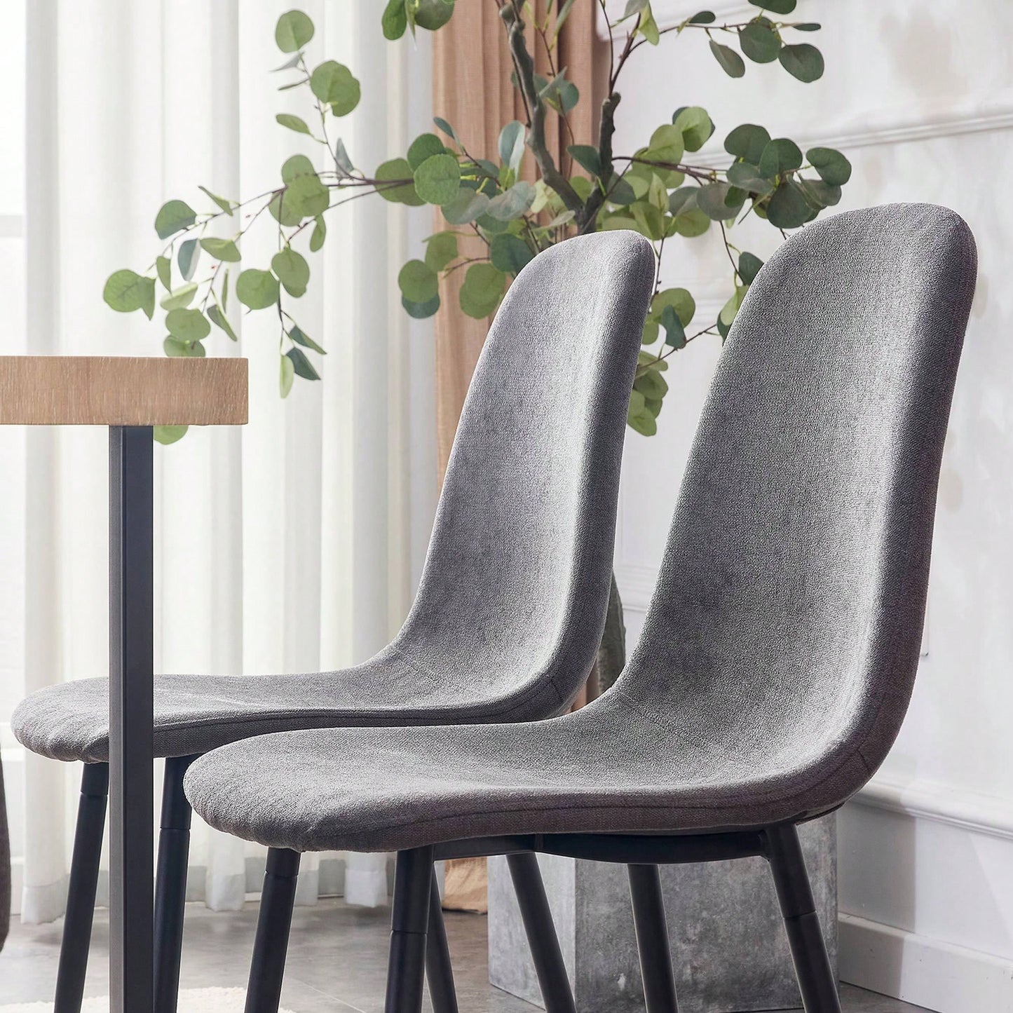 Set Of 4 Modern Mid-Century Upholstered Dining Chairs With Soft Linen Fabric And Black Metal Legs