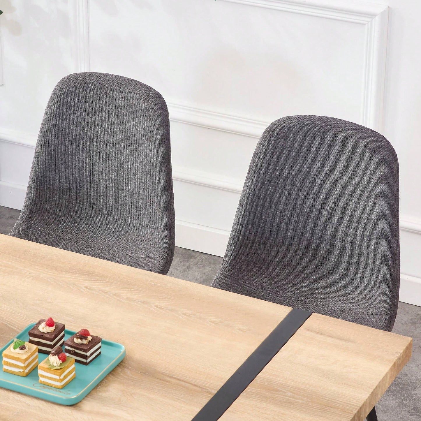 Set Of 4 Modern Mid-Century Upholstered Dining Chairs With Soft Linen Fabric And Black Metal Legs